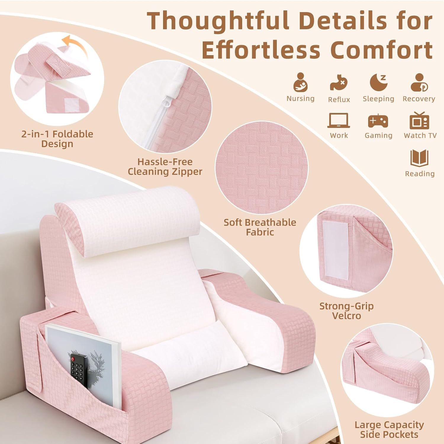 Esuerdo 5PCS Reading Pillow for Sitting in Bed Adult, 2 in 1 Foldable Back Wedge Pillow for Sleep, Ergonomic Back Support Pillow with Arms…
