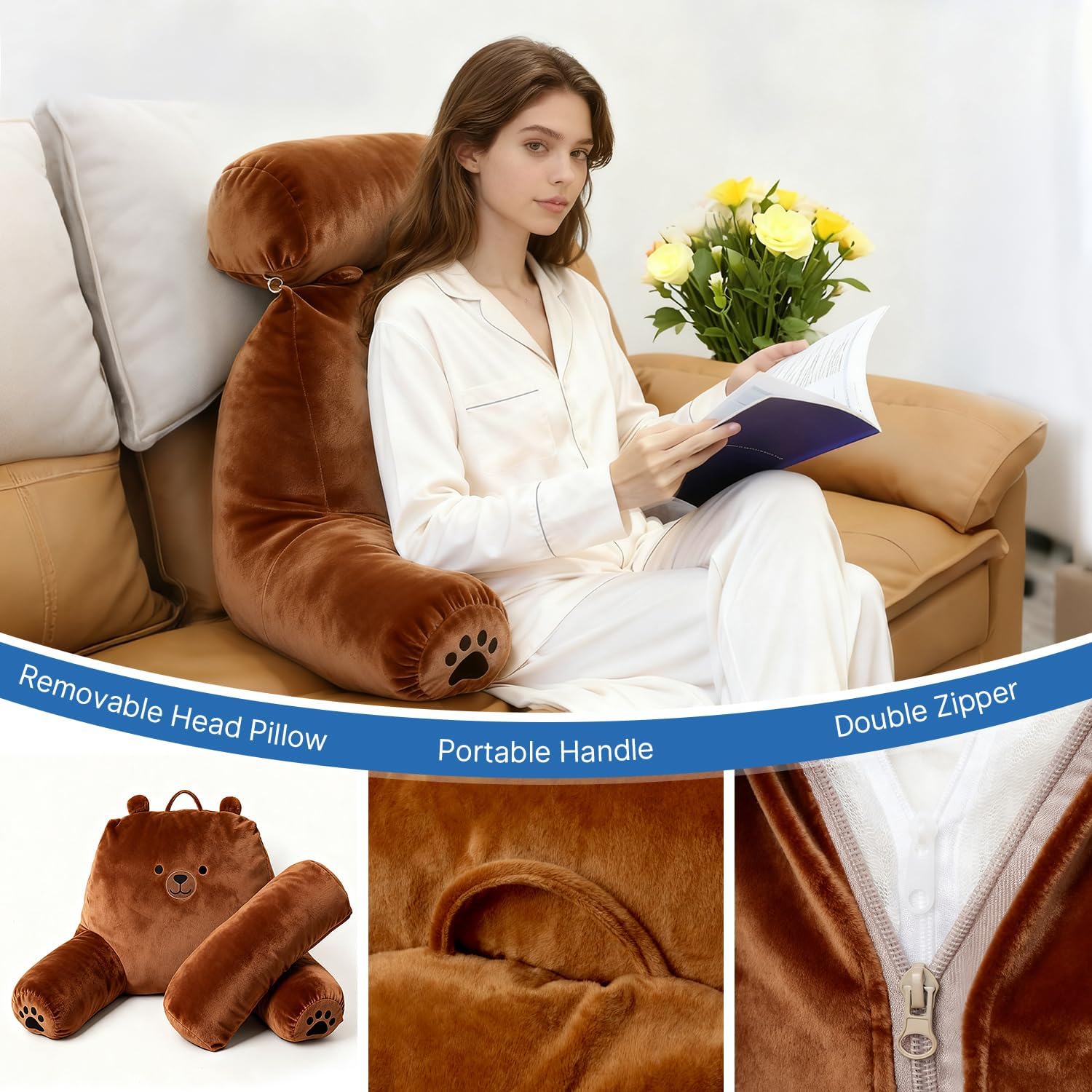 Reading Pillow Plus, Crystal Velvet Back Pillow Bed Sitting Up for Adult & Children, Back Rest Pillow Support for Reading & Rest Bed, Add…