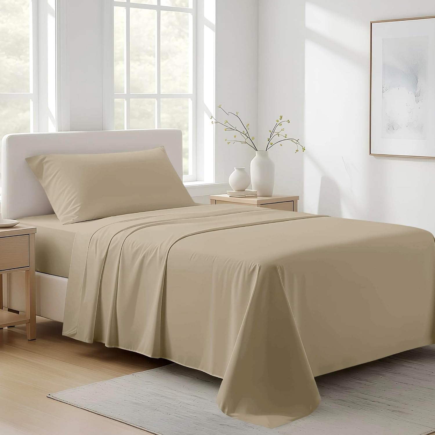 AshtonSheets 100% Organic Cotton Sheets Twin XL Size - Organic Cotton Twin XL Size Percale Weave Sheet Set (3 PC, Taupe), Soft, Cooling, Cr…
