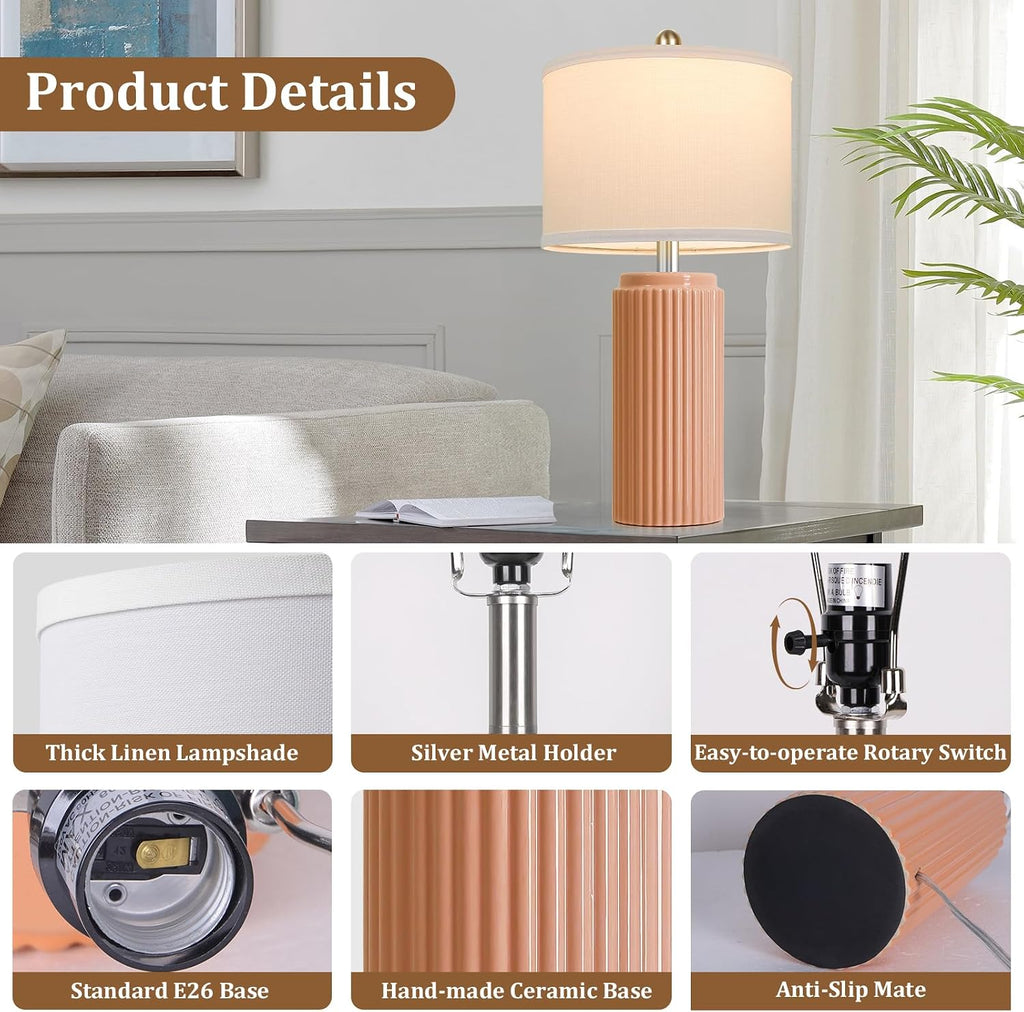 Tobusa 23.5’’ Orange Table Lamps for Bedroom Set of 2, Modern Ceramic Nightstand Lamps for Living Room, Retro Lamps with White Shade Set fo…