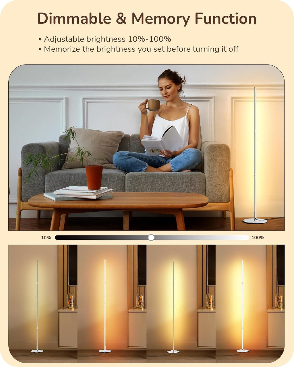 Edishine LED Corner Floor Lamp, 57.5" Minimalist Dimmable Sleek Light, Adjustable Height, Tall Floor Lamps for Living Room, Bedroom, Office…