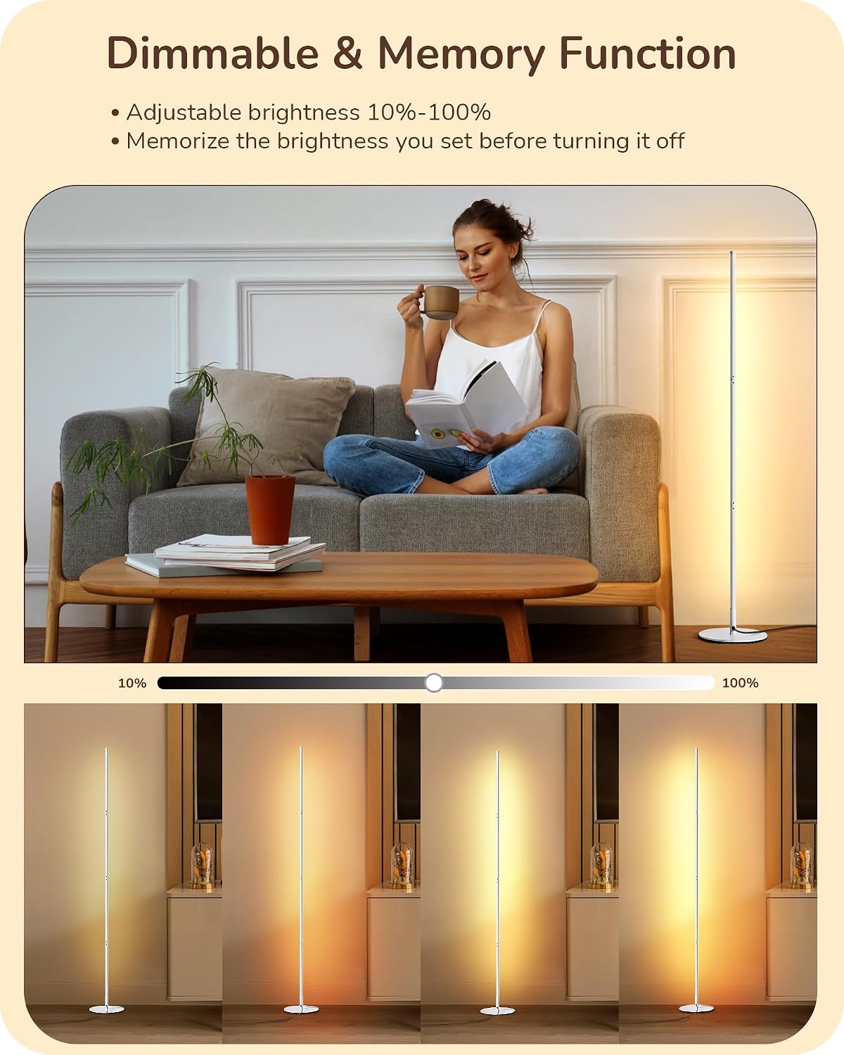 Edishine LED Corner Floor Lamp, 57.5" Minimalist Dimmable Sleek Light, Adjustable Height, Tall Floor Lamps for Living Room, Bedroom, Office…