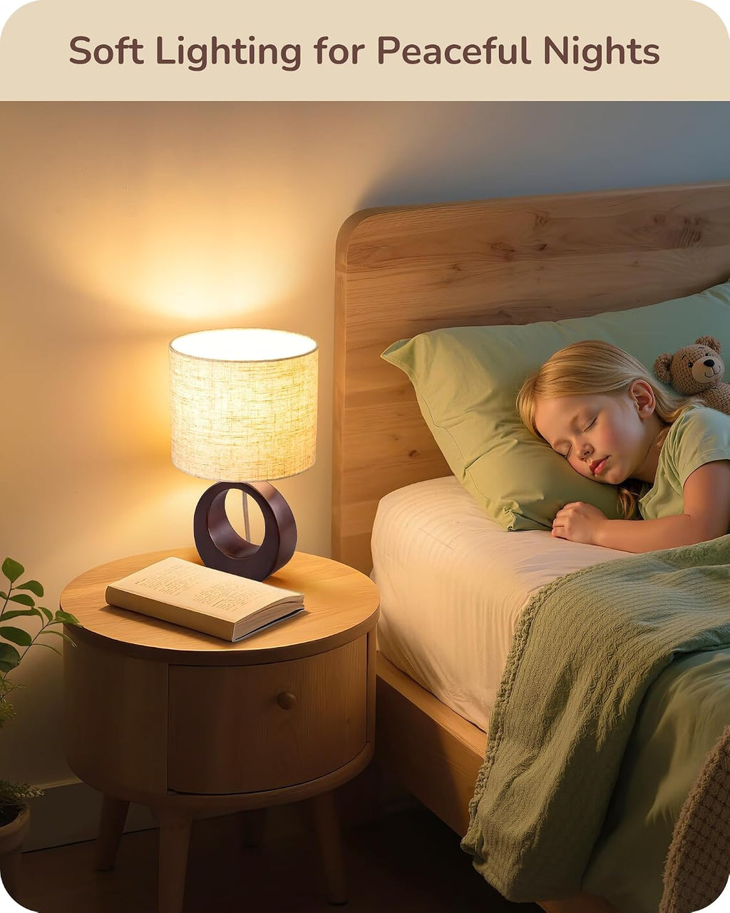 EDISHINE 13.4" Samll Wood Table Lamp, Modern Bedside Lamp with Beige Linen Lampshade & ON-Off Switch, E26 Base, Nightstand Lamp for…