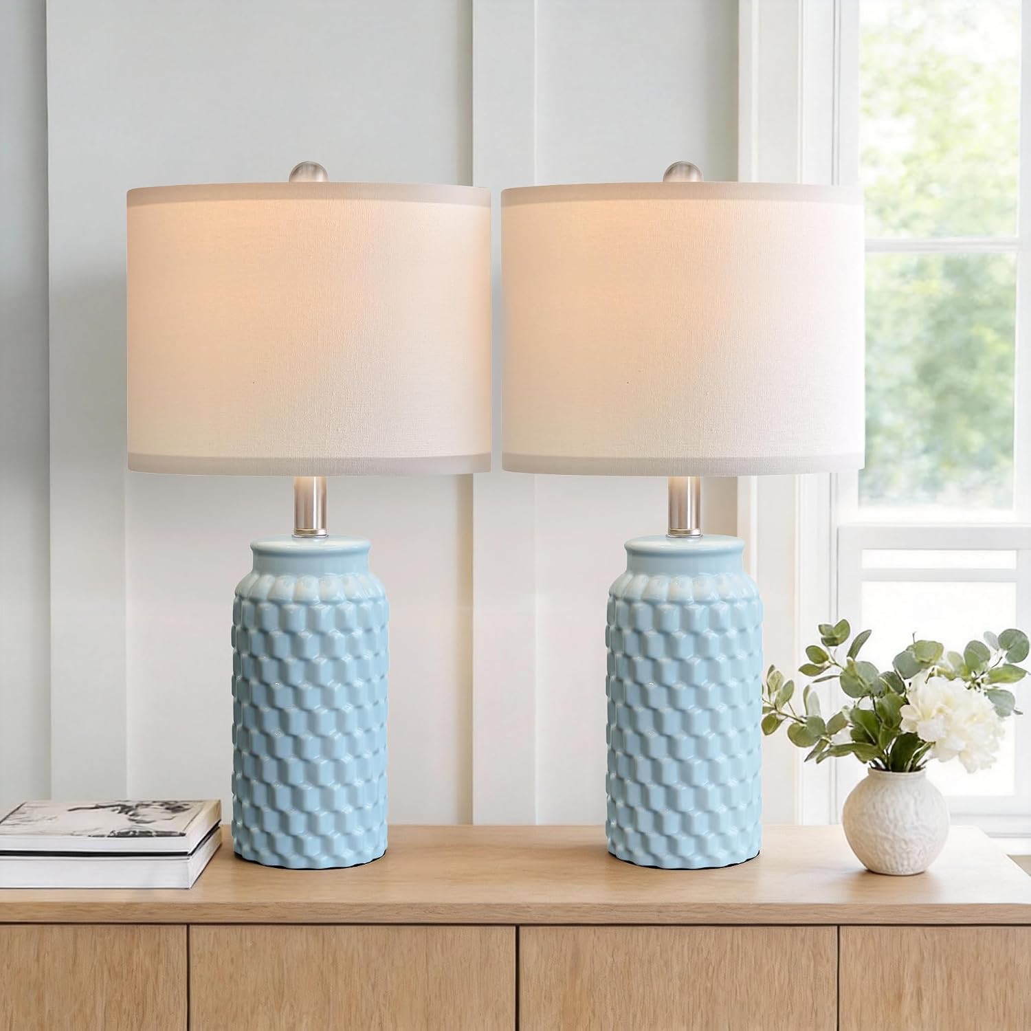 USumkky 20.5" Light Blue Modern Ceramic Bedside Lamp Set of 2 for Bedroom Decor Farmhouse Table Lamp for Living Room Office Dorm