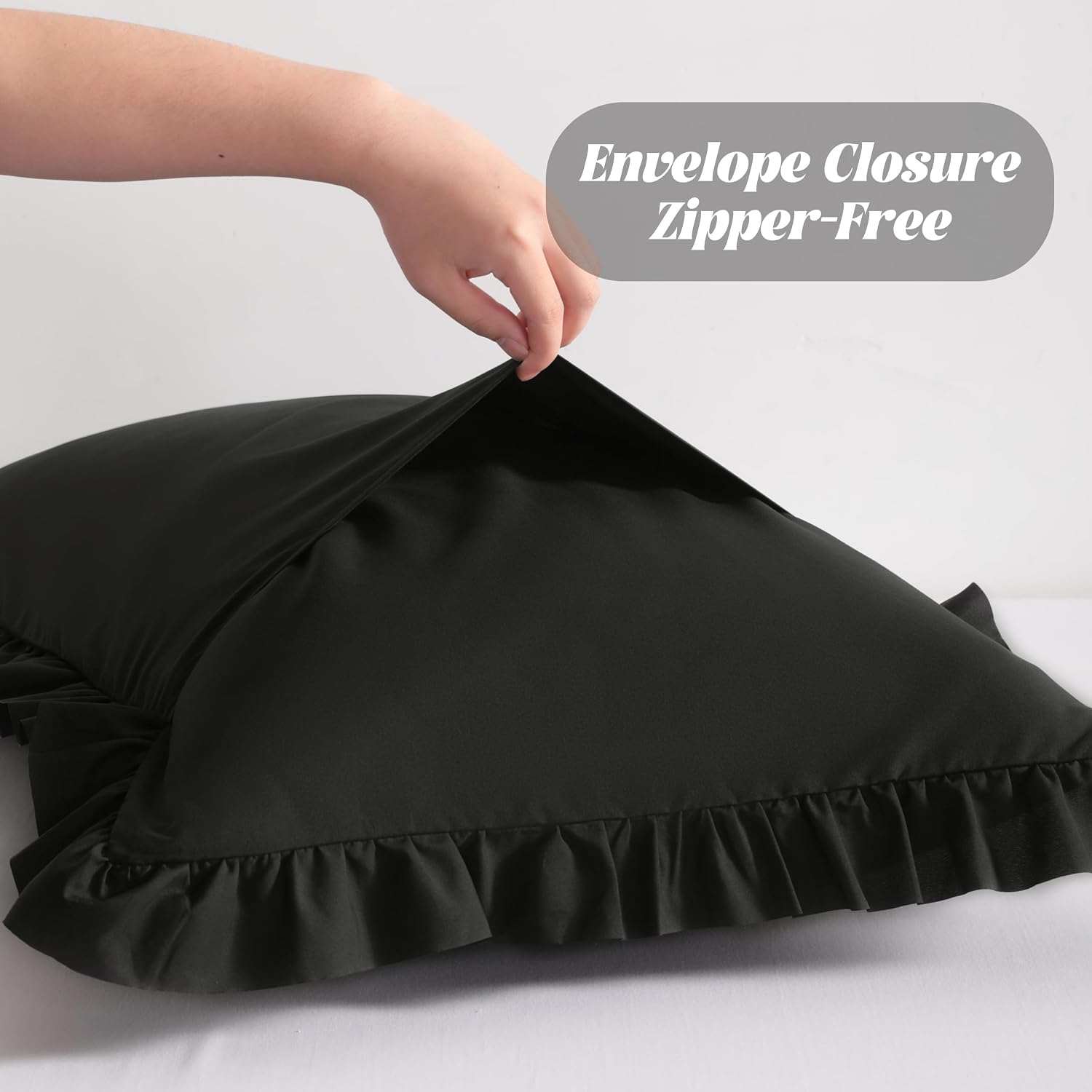 Bedsum Ruffled Pillow Shams Standard 20x26 Set of 2, Brushed Microfiber Pillowcases with Envelope Closure, Soft Wrinkle-Resistant, Black Bl…