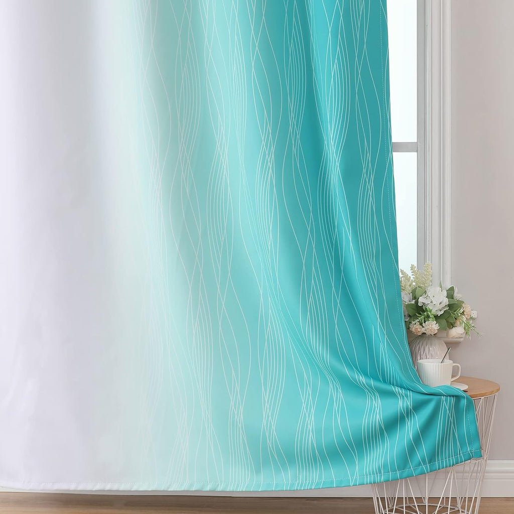 Estelartextiler Estelar Textiler Teal and Greyish White Blackout Curtains 102 Inch Length 2 Panels Set, Thermal Insulated Ombre Grommet Dra…