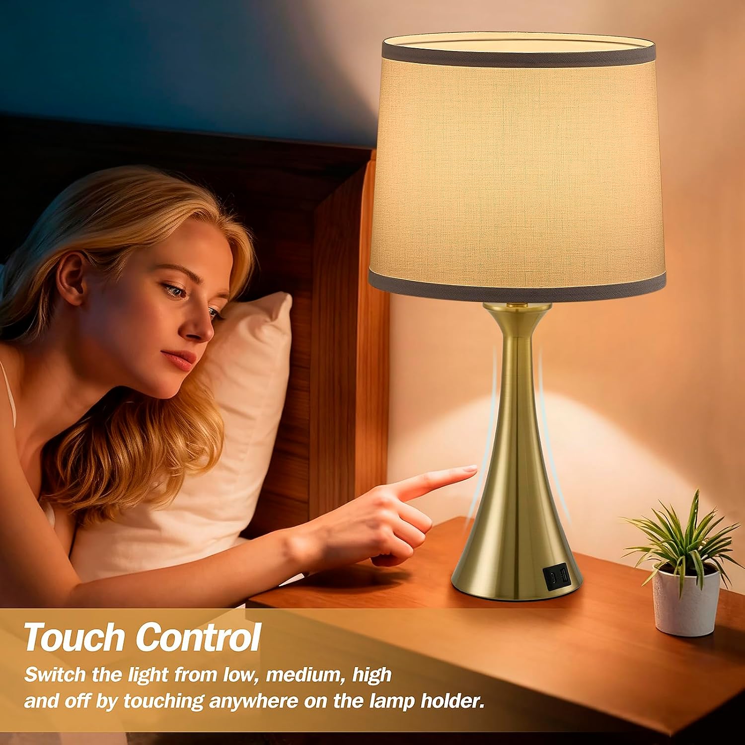 Touch Lamp for Living Room Bedroom, 21" Table Lamps Set of 2 with USB C+A Ports and White Lamp Shades, 3 Way Dimmable Gold Touch Bedside…