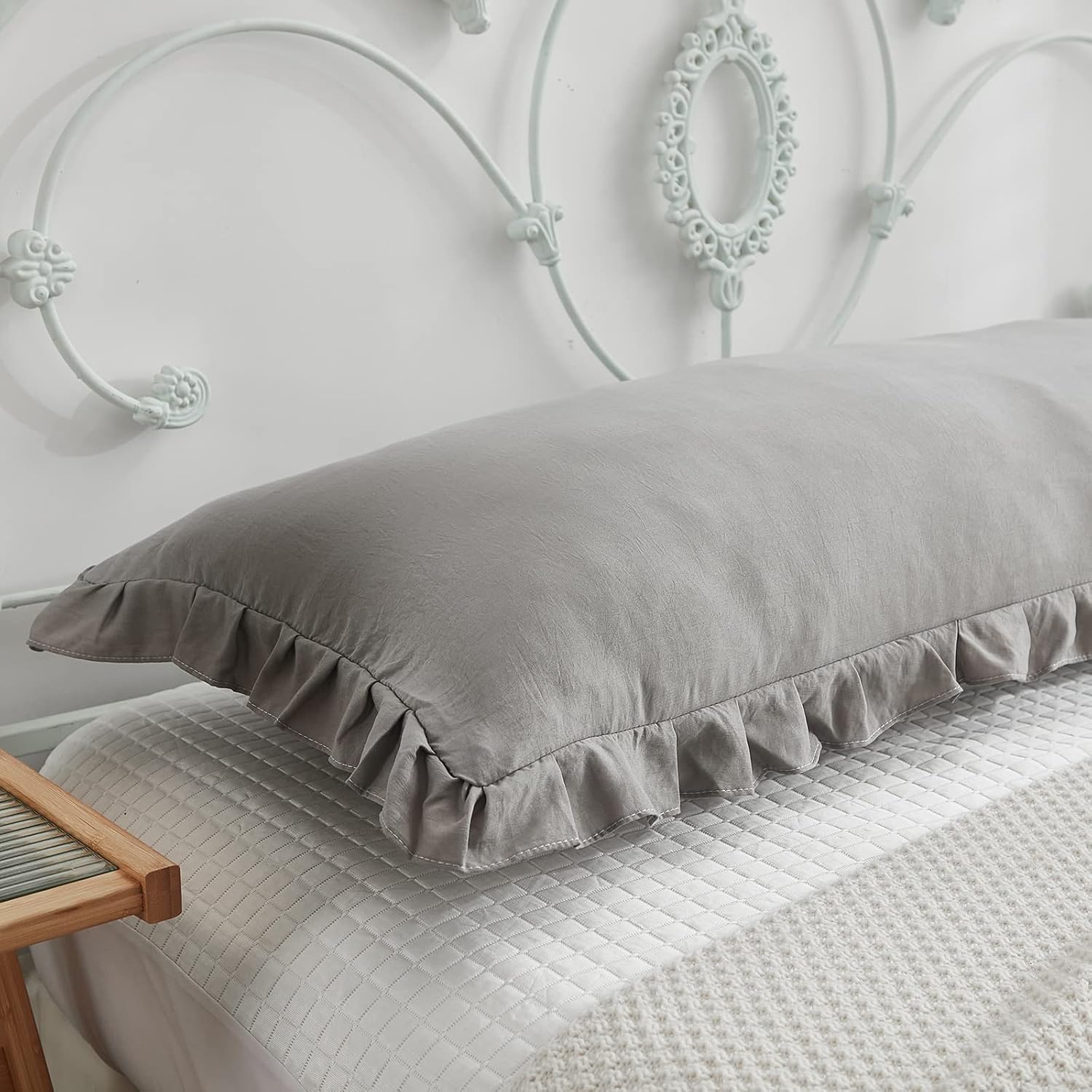 Merryword Shabby Chic 20x54in Light Grey Body Pillow Cover with Ruffled Fringe Decor Grey