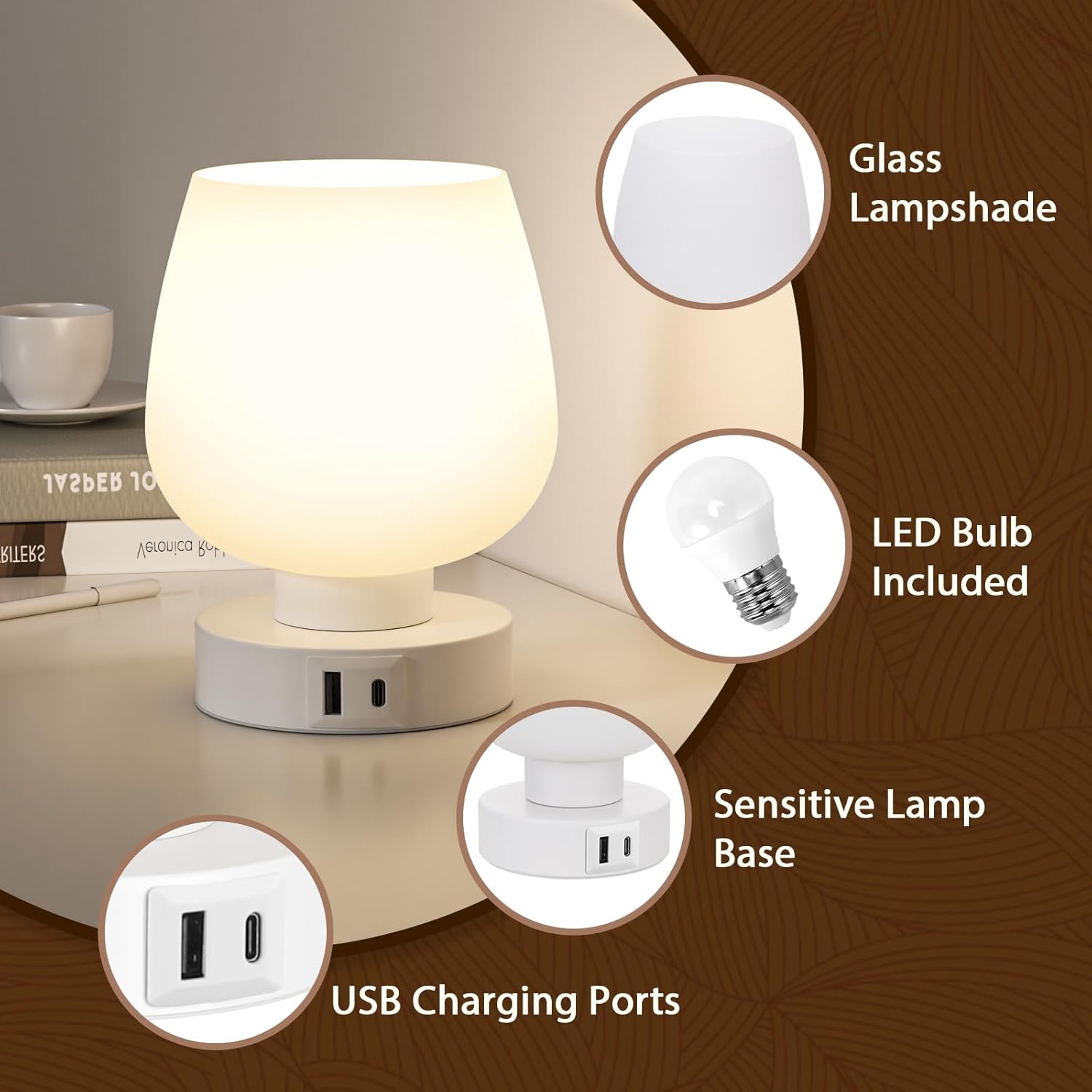 Seealle Touch Table Lamp for Nightstand Set of 2 - Bedside Lamp with USB C+A Charging Ports for Bedroom Living Room Night Stands, Desk…