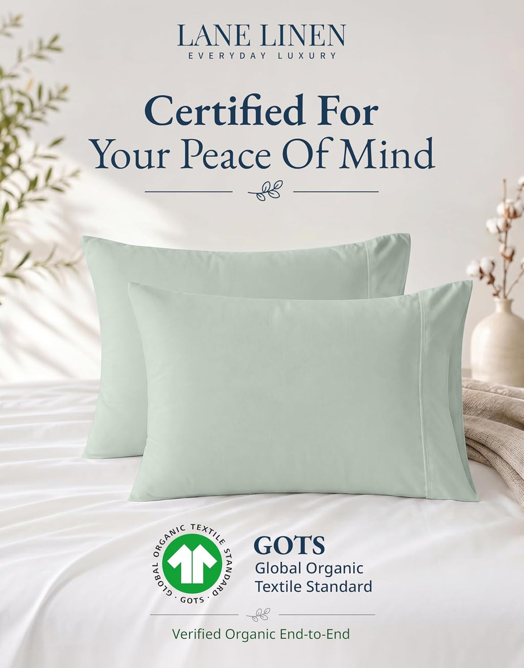 LaneLinen Lane Linen 100% Organic Cotton King Pillow Cases Set of 2 (20"x36") - Cool Blue 4 Inch Cotton Blue