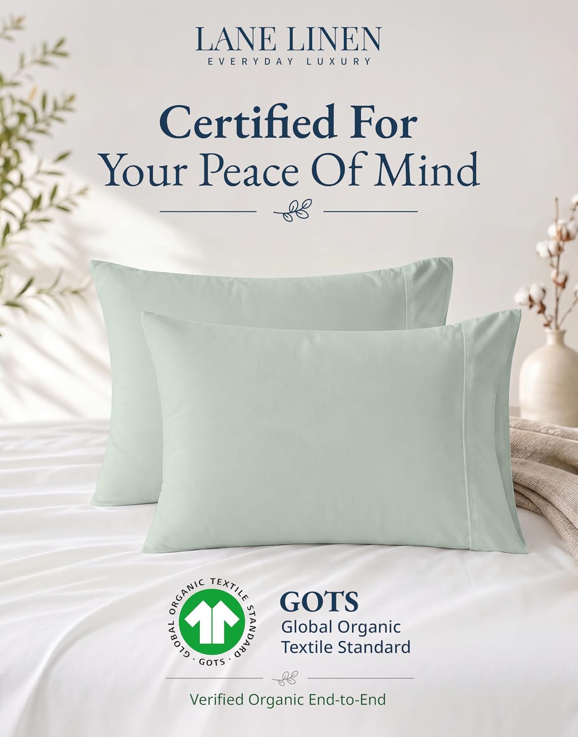 LaneLinen Lane Linen 100% Organic Cotton King Pillow Cases Set of 2 (20"x36") - Cool Blue 4 Inch Cotton Blue