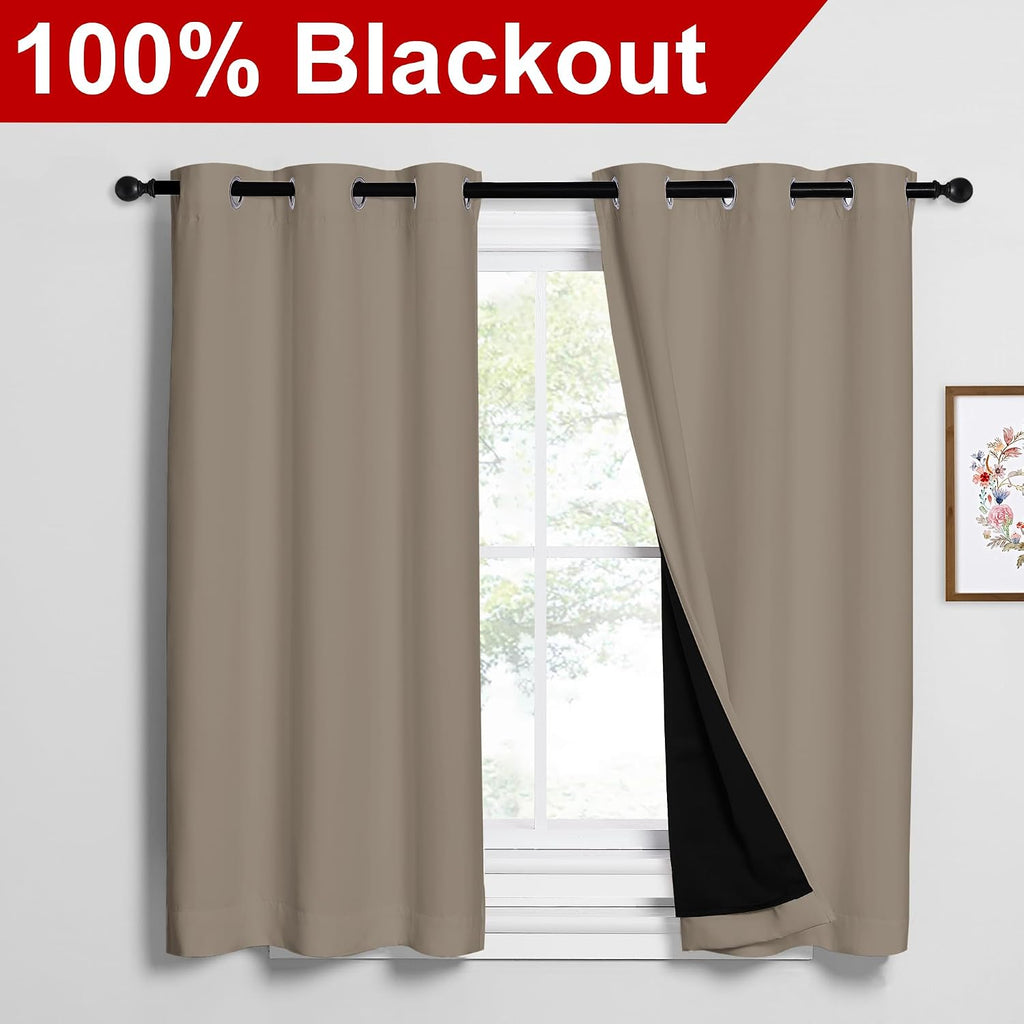 Nicetown 100% Blackout Short Curtains with Black Liners, 2 Panels, 37" W by 50" L, Taupe, Solid Thermal Insulated Full Blackout 2-Layer Lin…