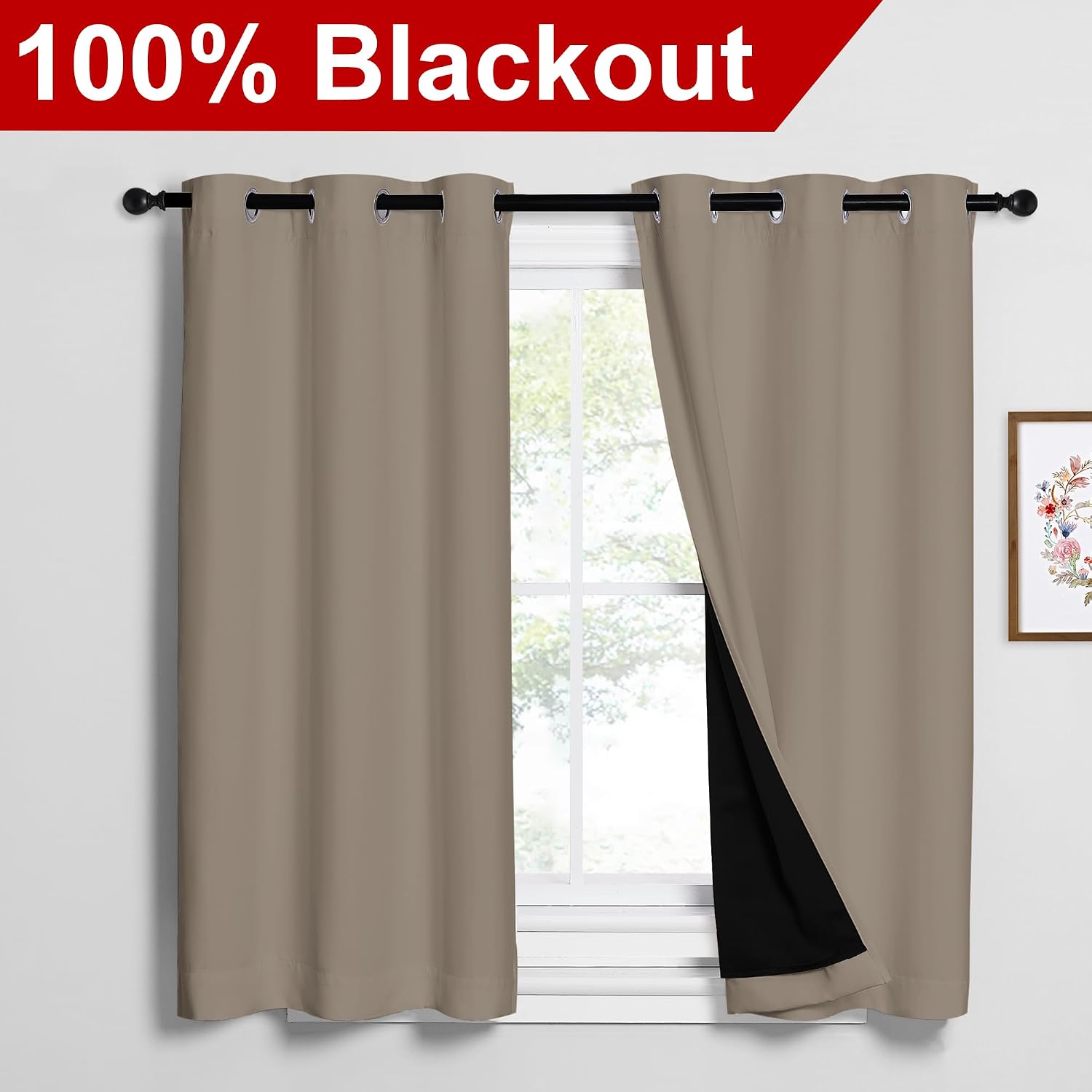 Nicetown 100% Blackout Short Curtains with Black Liners, 2 Panels, 37" W by 50" L, Taupe, Solid Thermal Insulated Full Blackout 2-Layer Lin…