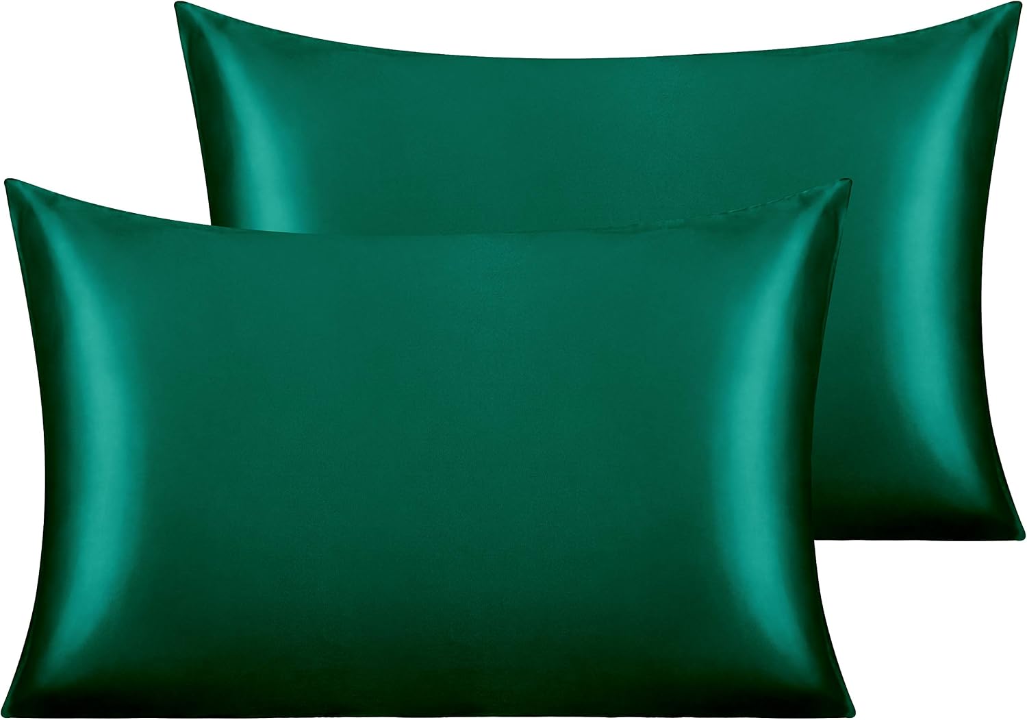 Ntbay 2 Pack Satin Standard Pillowcases for Hair and Skin, Luxurious and Silky Pillow Cases with Envelope Closure, 20x26 Inches, Dark Green…