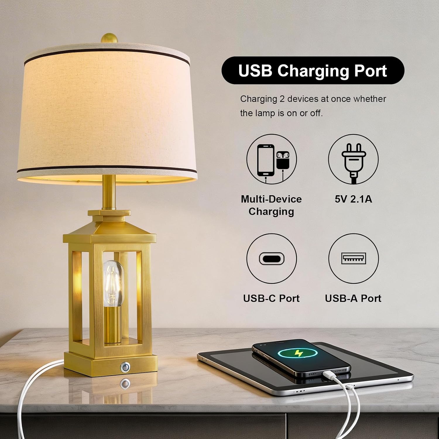 G-SAFAVA 24" Table Lamps for Living Room Bedroom Modern Gold Bedside Lamps Set of 2 Nightstand Lamps for Night Stands 3 Way Dimmable…