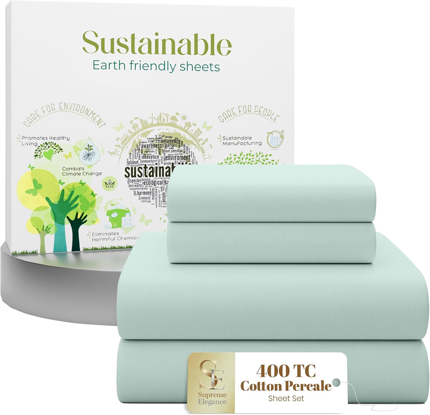 SupremeElegence SUPREME ELEGANCE 4 Pcs 100% Cotton King Size Sheets Set, Light Green, 400 Thread Count, Percale Weave, Cooling, Long Staple…