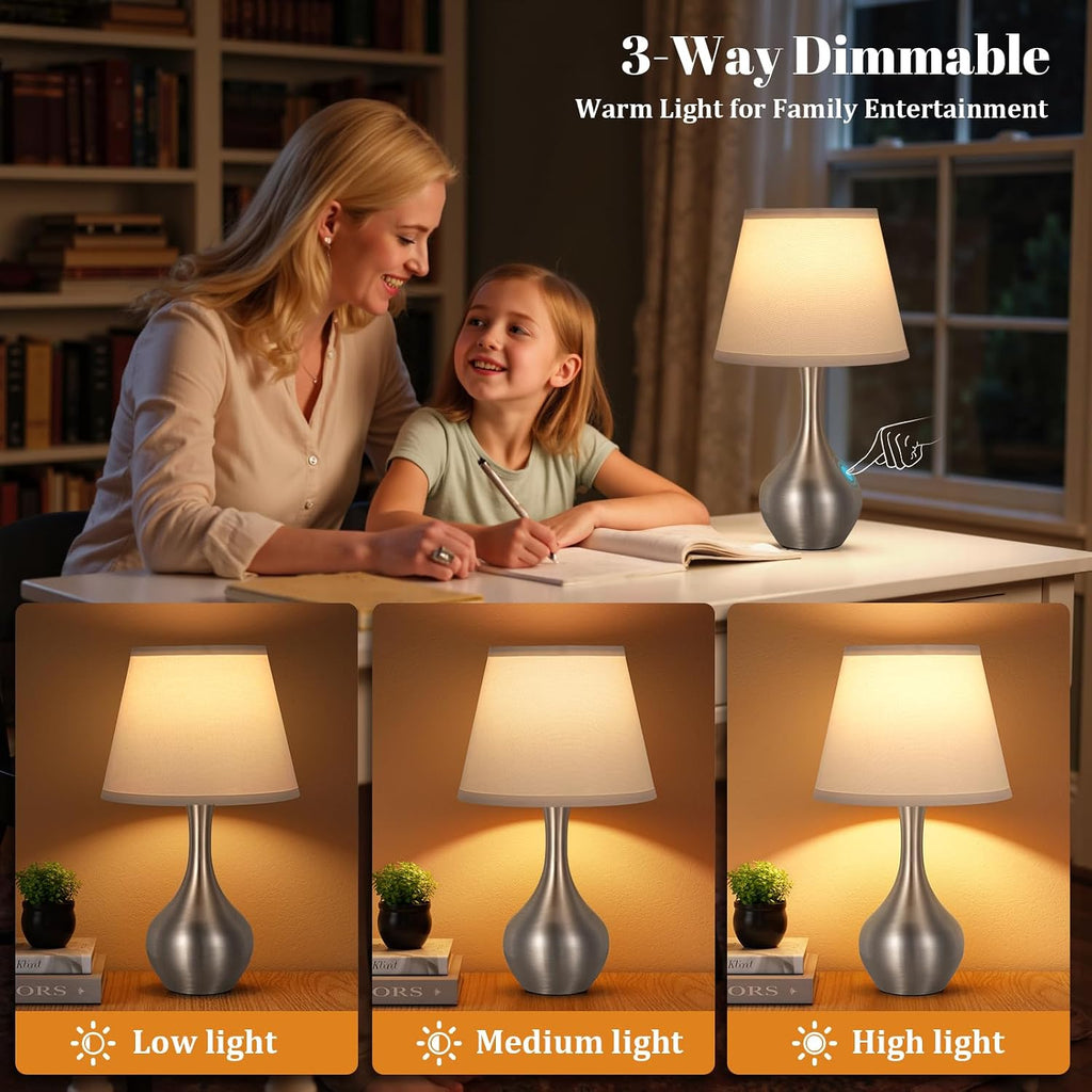 Seealle Touch Table Lamp for Bedroom, 3-Way Dimmable Small Bedside Lamps for Night Stands with Wires, Silver Desk Lamp for Kids Room…