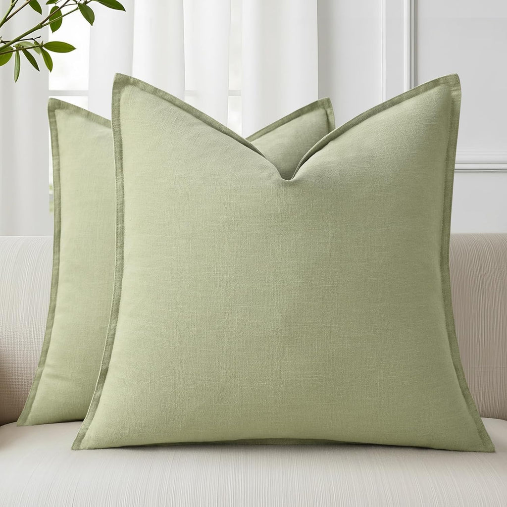 decorUhome Summer Decorative Linen Throw Pillow Covers 16x16 Inch Set of 2 Sage Green Pillow Covers with Flange Edges Soft Farmhouse Boho A…