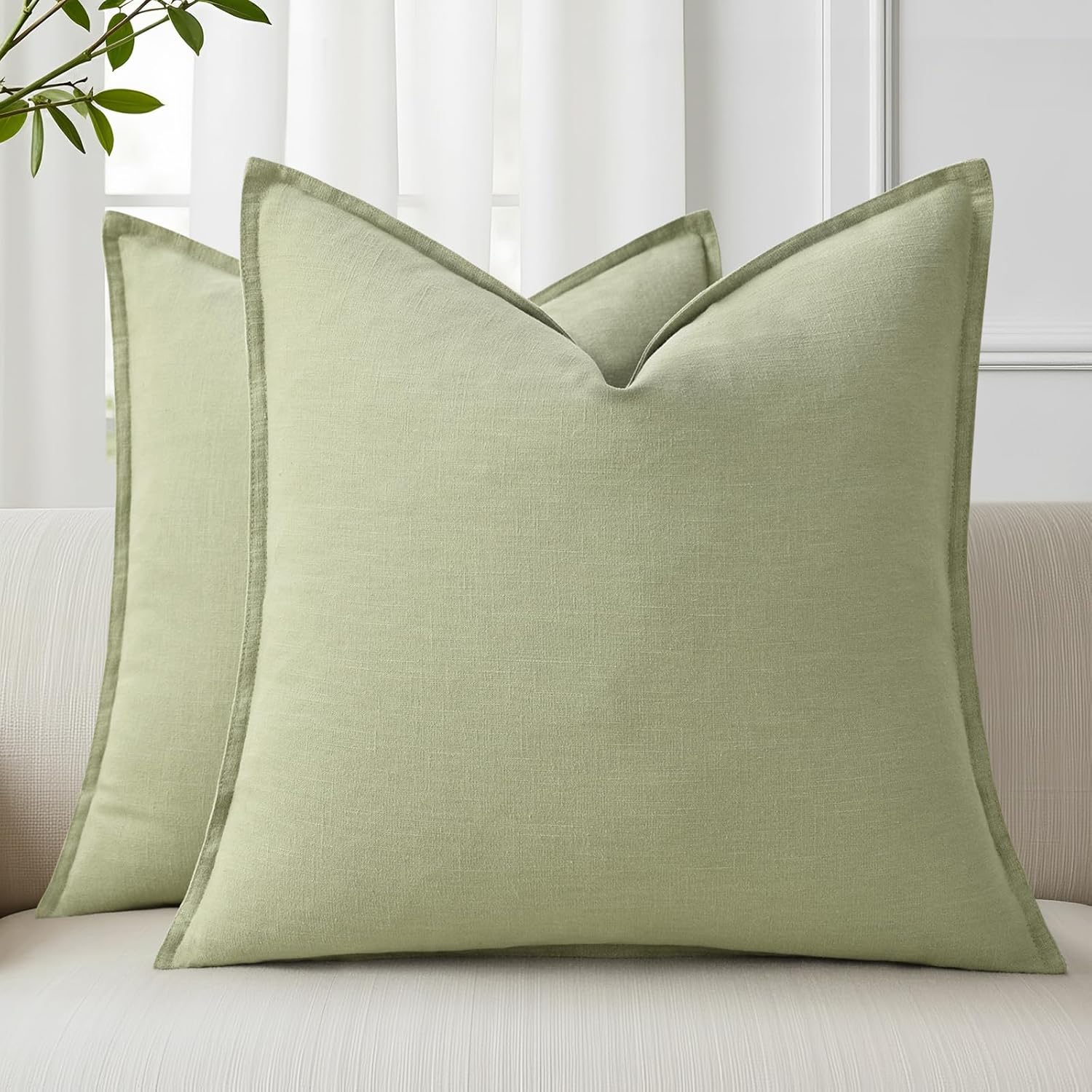 decorUhome Summer Decorative Linen Euro Sham Throw Pillow Covers 22x22 Inch Set of 2 Sage Green Pillow Covers with Flange Edges Soft Farmho…