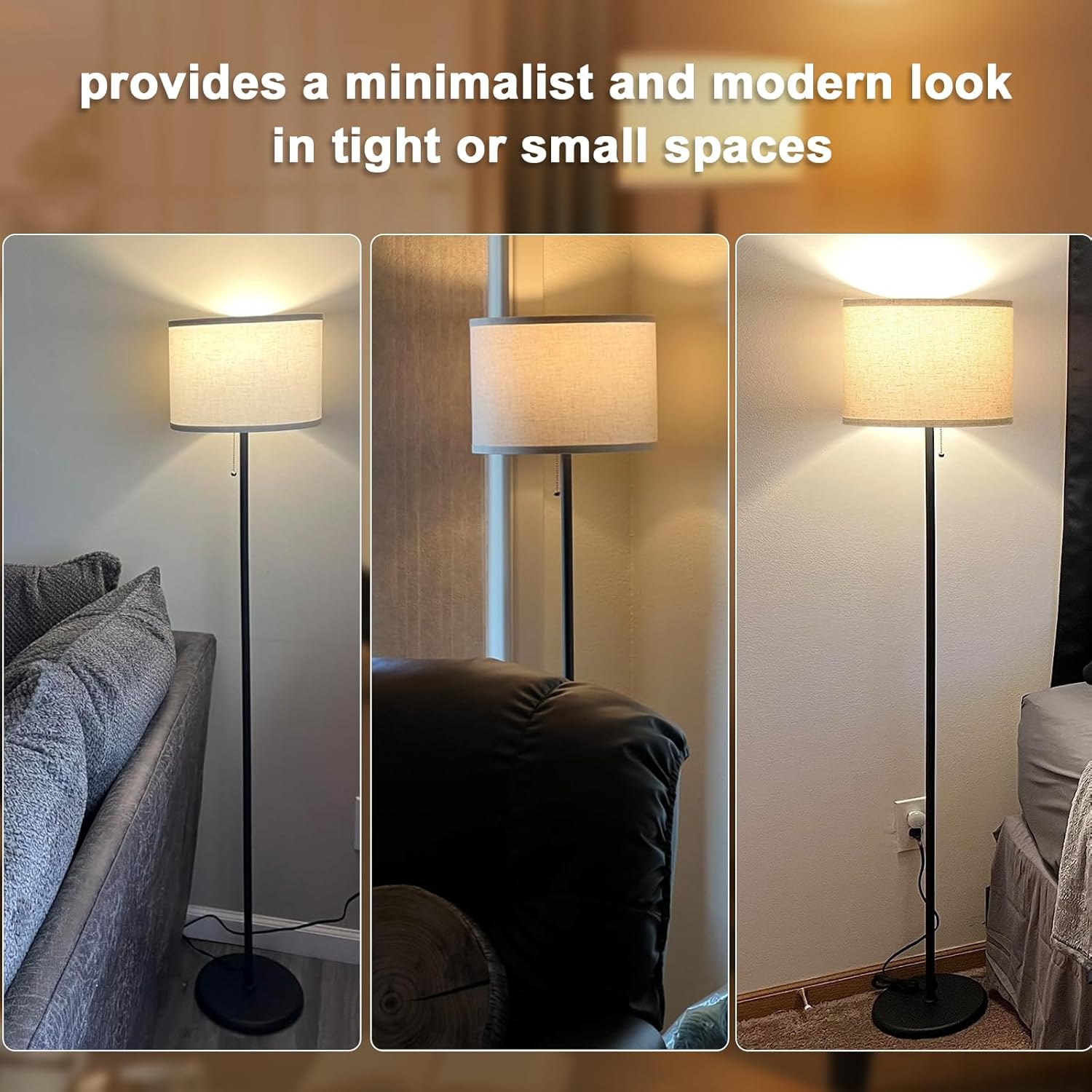 Ambimall Modern Standing Floor Lamp for Living Room & Bedroom with 3 Color Temperatures Bulb & Pull Chain Switch, 60" Tall with Beige…