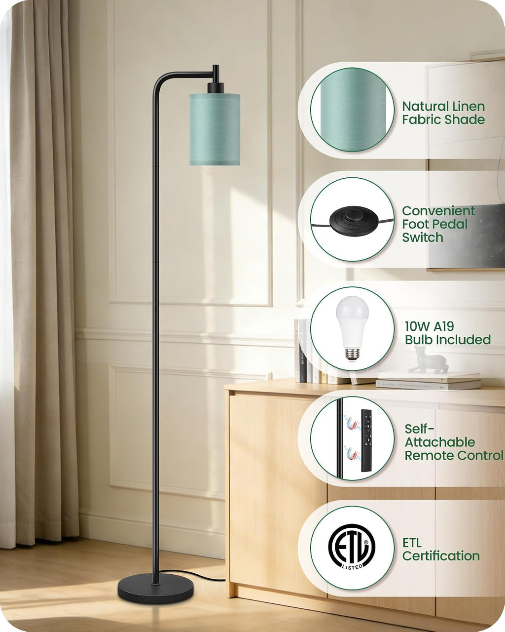 Dimmable Floor Lamp for Living Room with Remote and Foot Switch, Modern Standing, Corner Lamp,10W Bulb 3 Color Temperatures, for Bedroom…