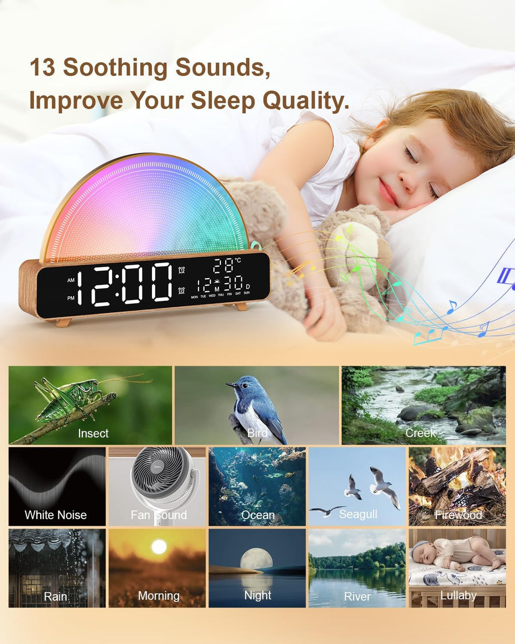 HAODINGMAI Sunrise Alarm Clock Wake Up Light with Sunrise Simulation White Noise Machine Touch Control Bedside Lamps Colors Atmosphere…