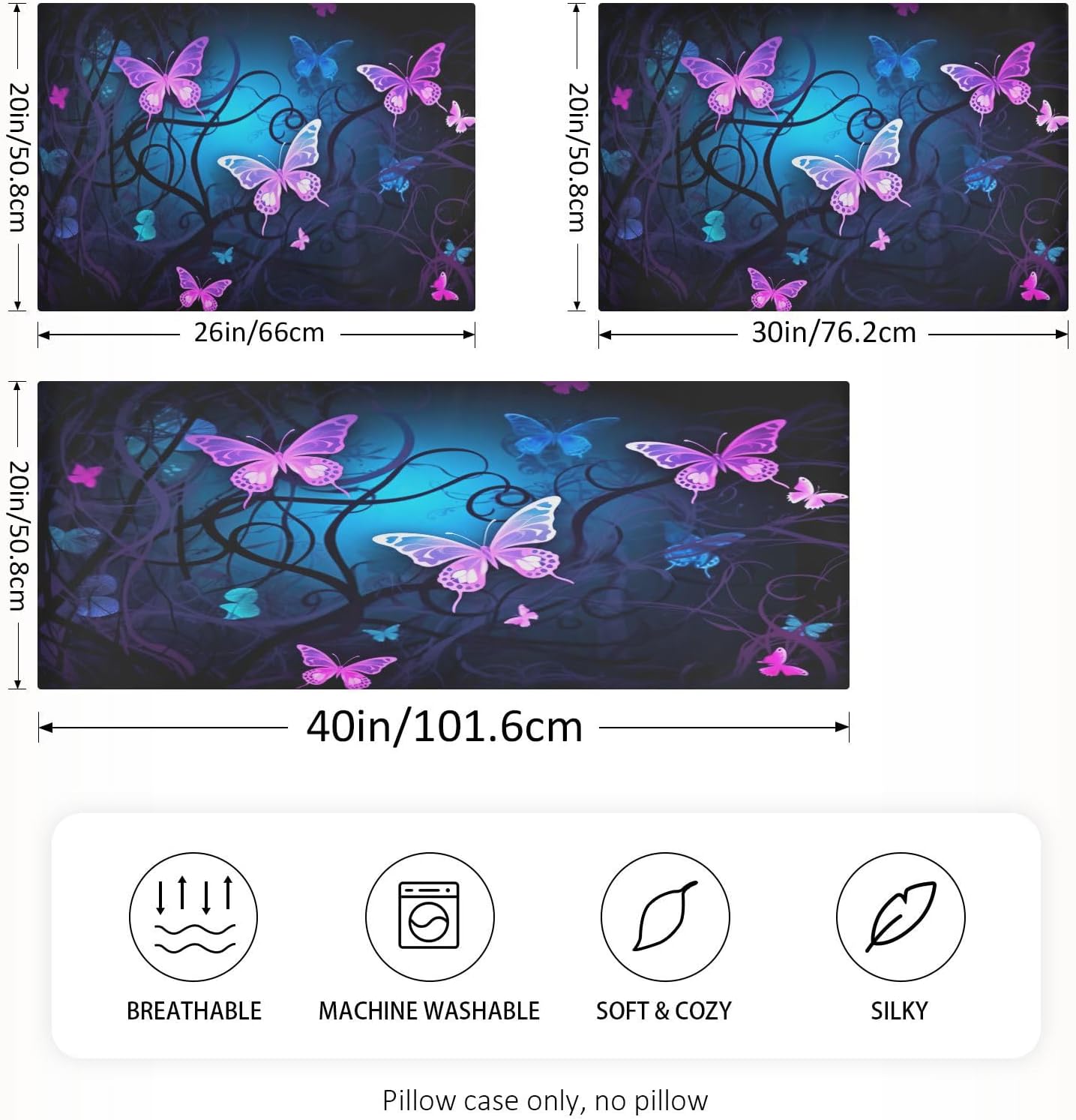 YETTASBIN Purple Blue Butterfly Satin Pillowcase, Soft Breathable Silk Pillow Case with Envelope Closure for Hair and Skin, Queen Size 30…