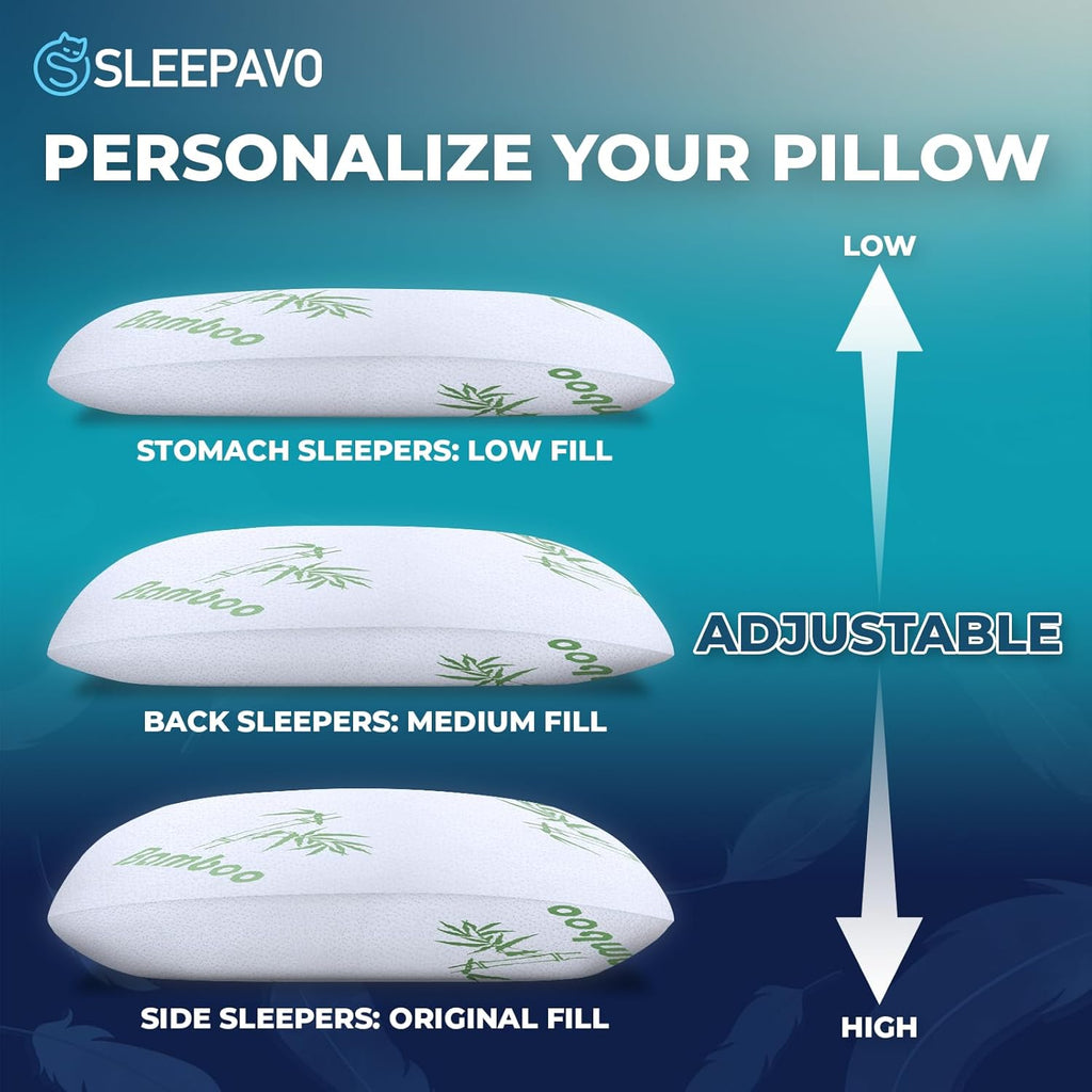 Sleepavo Adjustable Cooling Pillows Queen Size Set of 2 Pack - Extra Soft Shredded Memory Foam Best Pillows for Sleeping - Back, Stomach…
