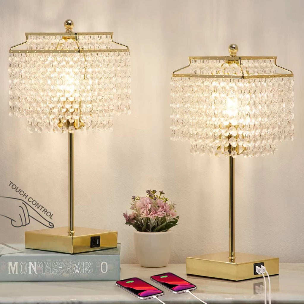 Luvkczc Set of 2 USB Bedside Crystal Table Lamp Gold, Touch Control Lamp, Dimmable Lamp with Crystal Shade for Bedroom, Living Room, 6W…