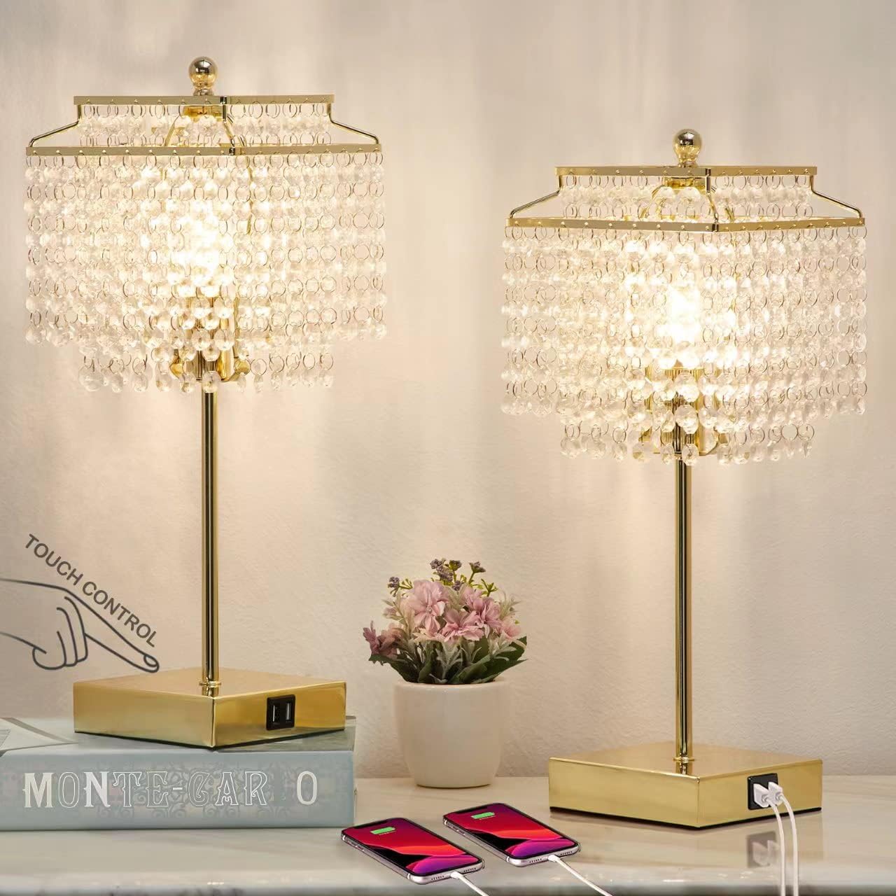 Luvkczc Set of 2 USB Bedside Crystal Table Lamp Gold, Touch Control Lamp, Dimmable Lamp with Crystal Shade for Bedroom, Living Room, 6W…
