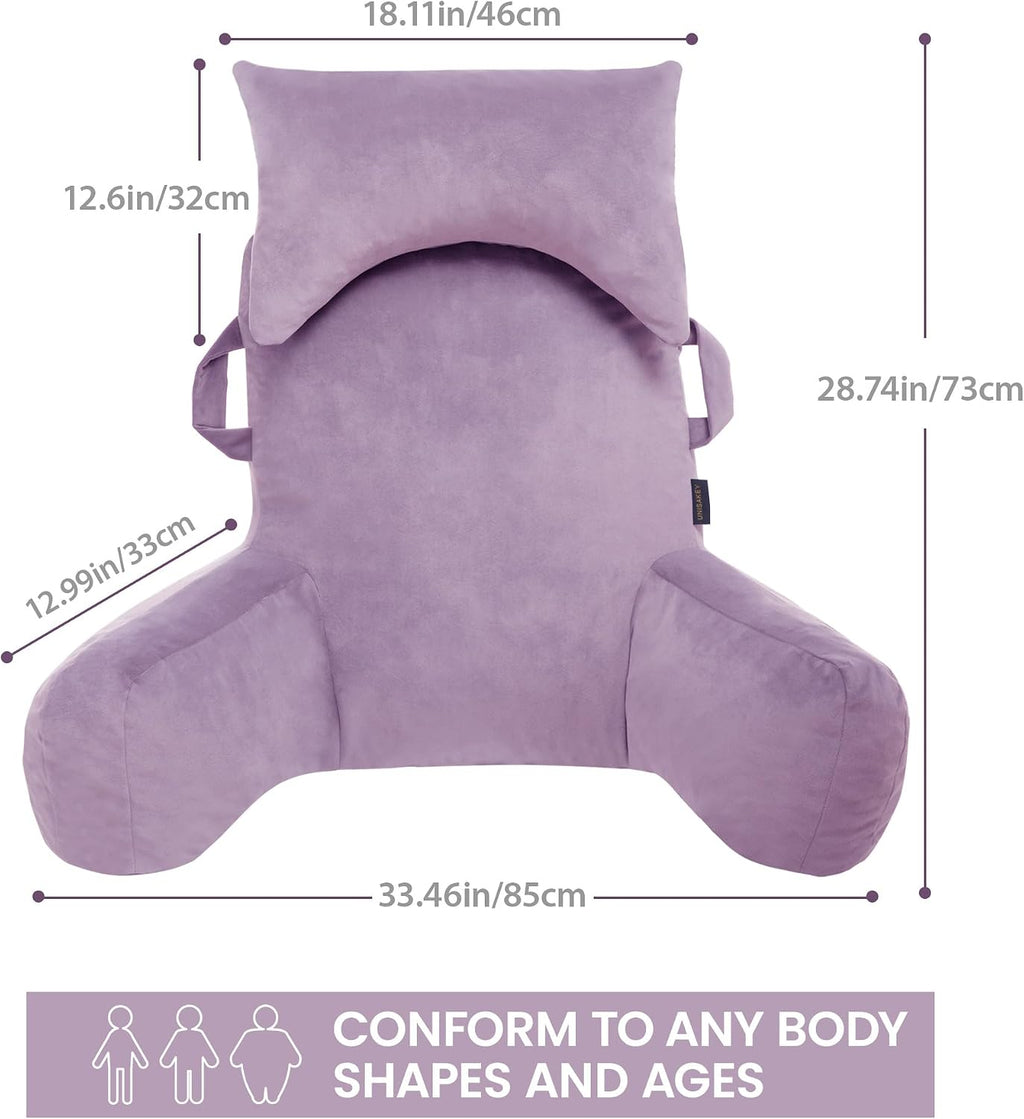 Unisakey Portable Reading Pillows with Headrest for Bed Sitting Up(Lavender Purple Oeko-Tex), Velvet Back Pillow with Arms & Pockets for…