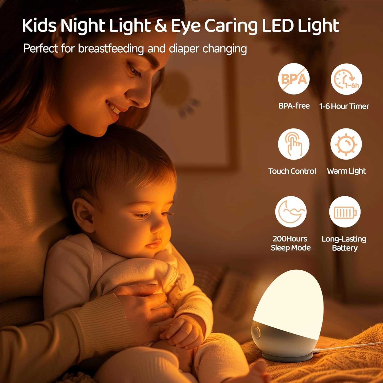 Zuzukid Touch Egg Night Light for Baby Nursery, Rechargeable Portable Kids Nightlight Lamp with 1-6H Feeding Timer, 3 Color Temperatures Di…