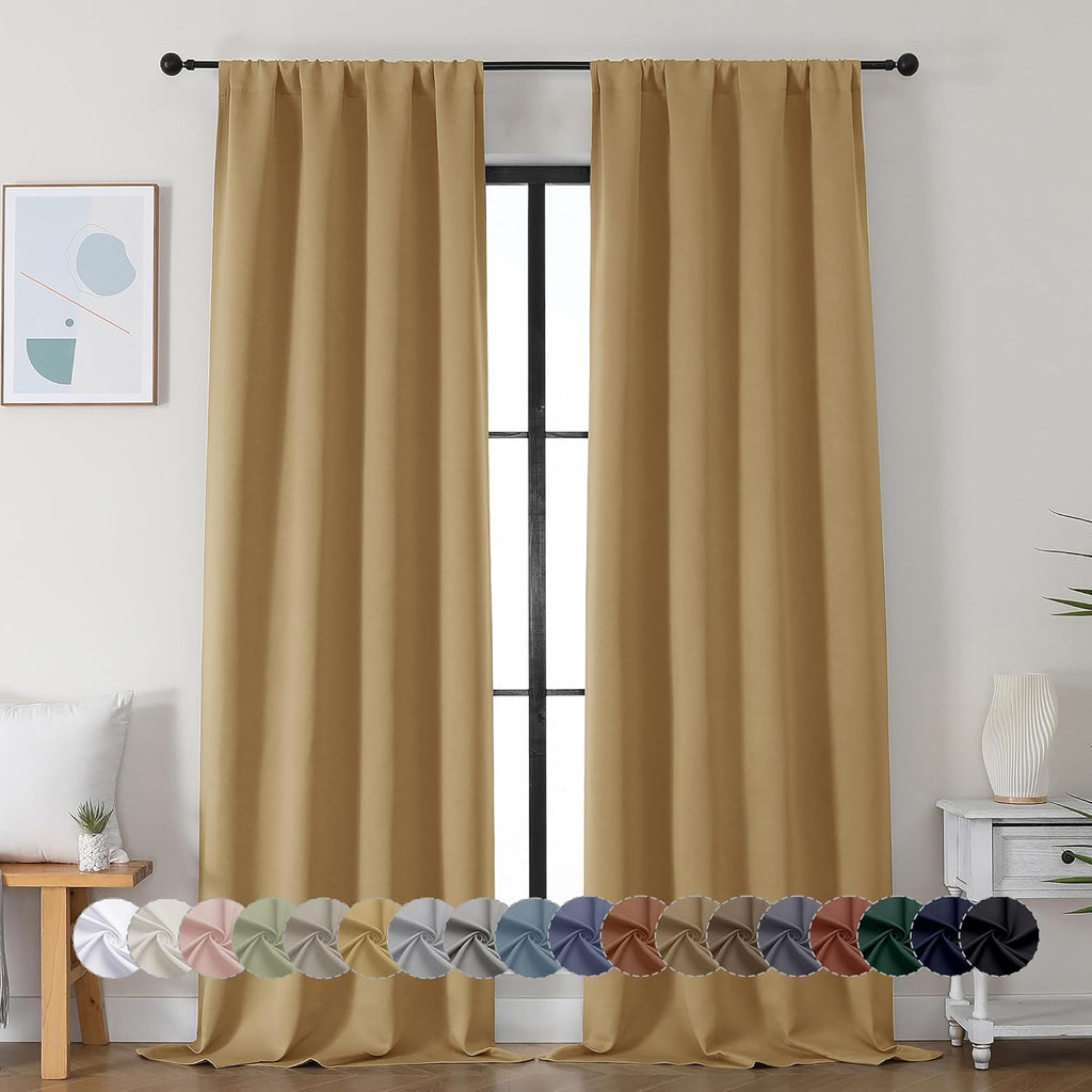 Simplebrand Ava Gold Blackout Curtains for Bedroom 90 Inches Long 2 Panels Set, Solid Privacy Energy Saving Living Room Window Treatment Cu…