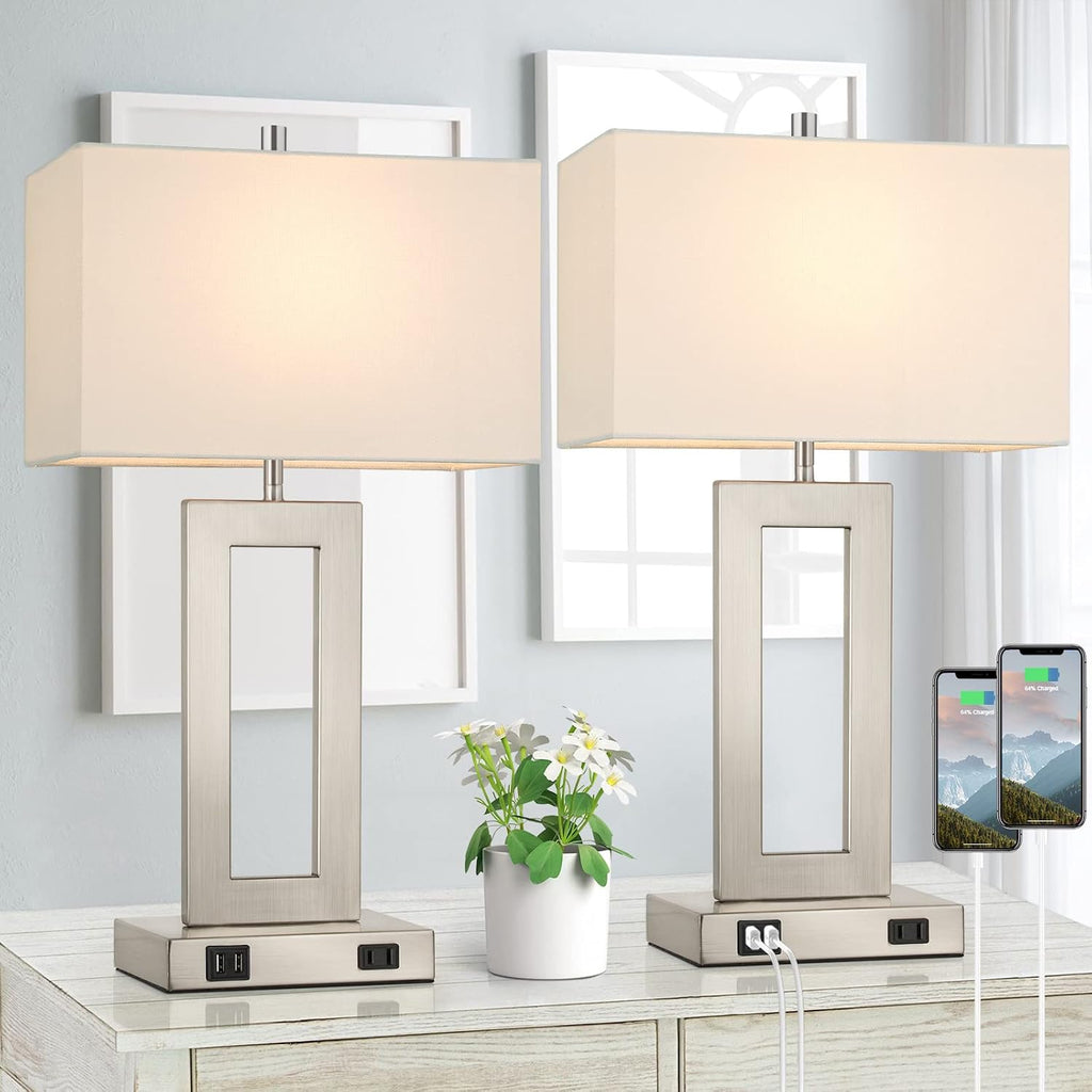 Tobusa 22'' Tall Table Lamps for Bedroom Set of 2, Silver Bedside Touch Control Lamp with 2 USB Ports&AC Outlet, Modern Living Room Table L…