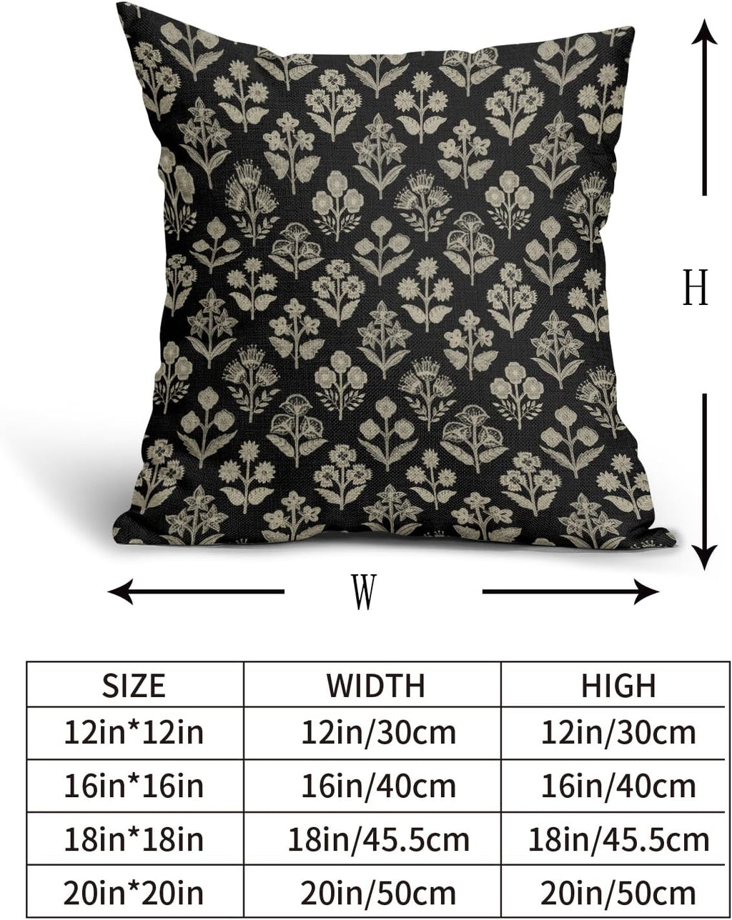 Black Floral Pillow Covers 22x22 Inch Set of 2, Vintage Flower Block Print Decorative Throw Pillowcases Outdoor Farmhouse Cushion Covers…