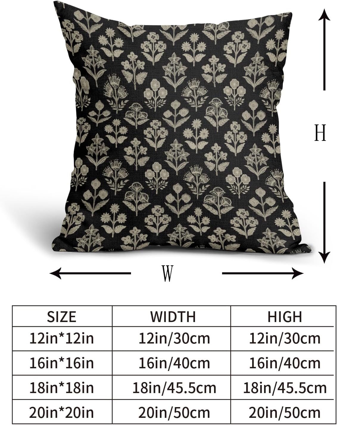 Black Floral Block Print Pillow Covers 18x18 Inch Set of 2, Vintage Flower Pattern Decorative Throw Pillowcases Outdoor Farmhouse Cushion…