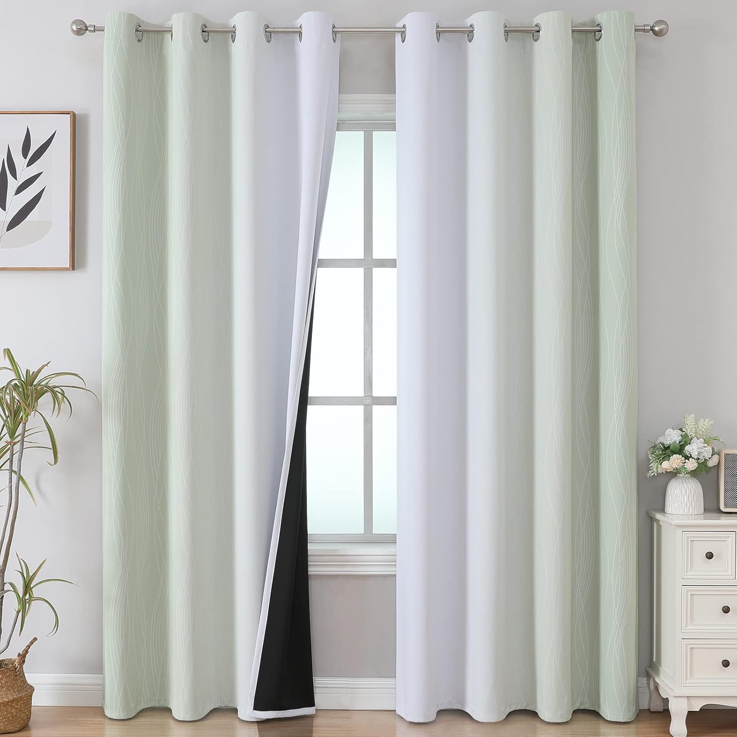 Estelartextiler Estelar Textiler Blackout Curtains 102 Inches Long 2 Panels for Living Room, Sage Green and Greyish White Thermal Insulated…