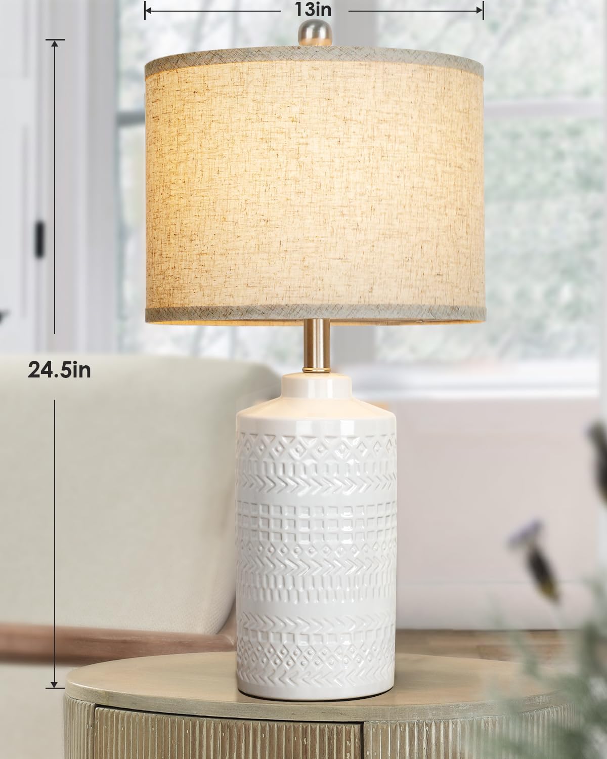 JUNNAI White Ceramic Table Lamp with Beige Shade: 3-Way Dimmable Night Stand Light Lamp 24.5" Modern Table Lamps for Living Room Bedroom…