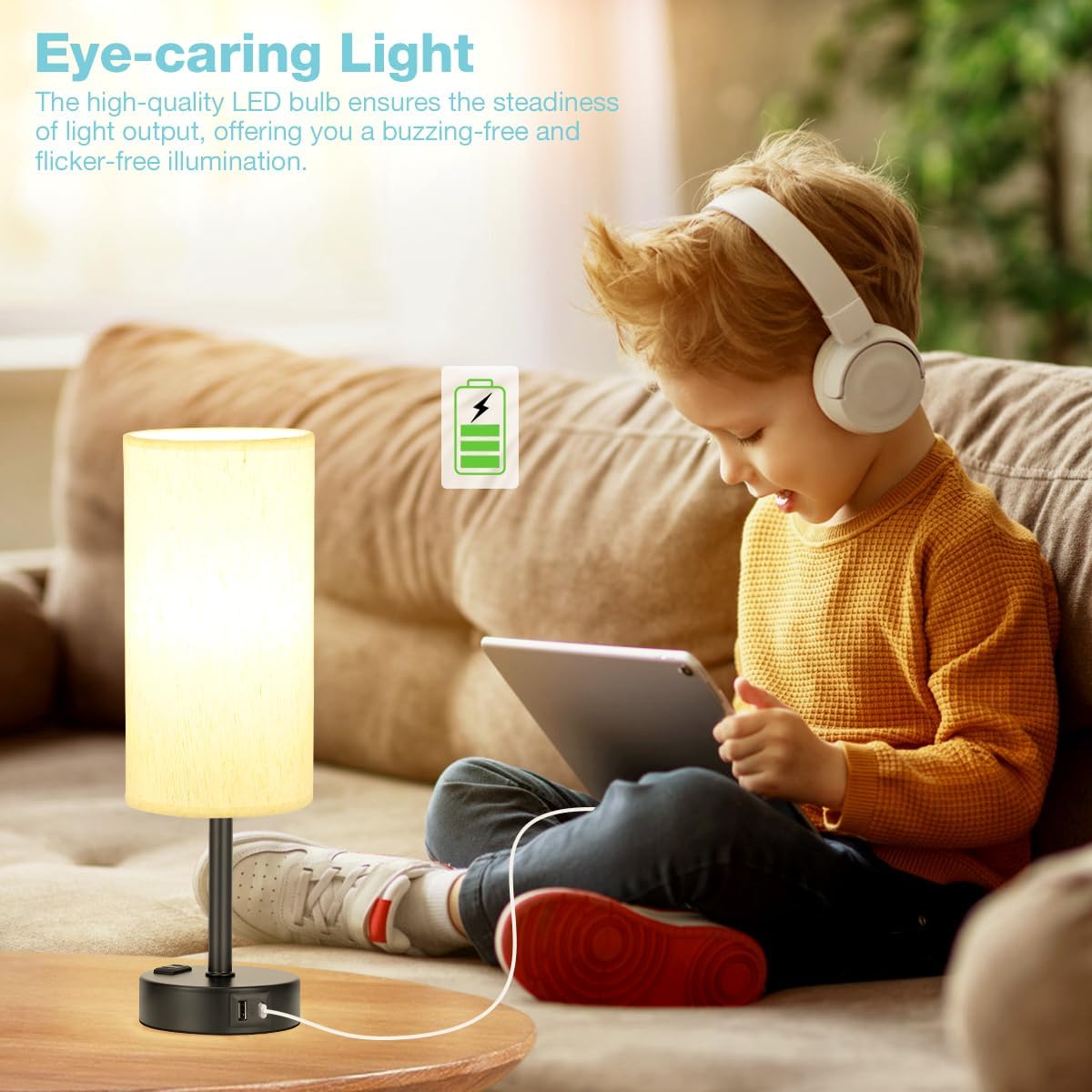 Light Beige Table Lamp for Nightstand - 3 Way Dimmable Bedside Lamp for Bedroom with USB C A Charging Ports and AC Outlet, Small Desk…