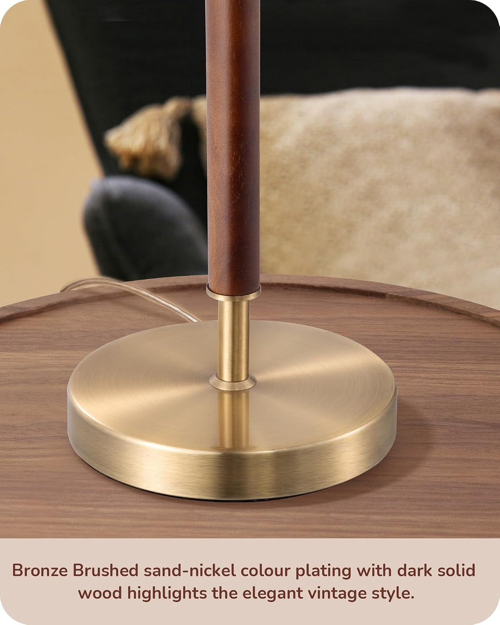 EDISHINE Mid Century Table Lamp Set of 2, Pull Chain Switch Bedside Lamp, Linen Shade, Solid Wood Pole & Bronze Brushed Metal Base…