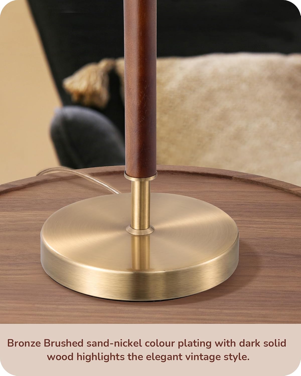 EDISHINE Mid Century Table Lamp Set of 2, Pull Chain Switch Bedside Lamp, Linen Shade, Solid Wood Pole & Bronze Brushed Metal Base…