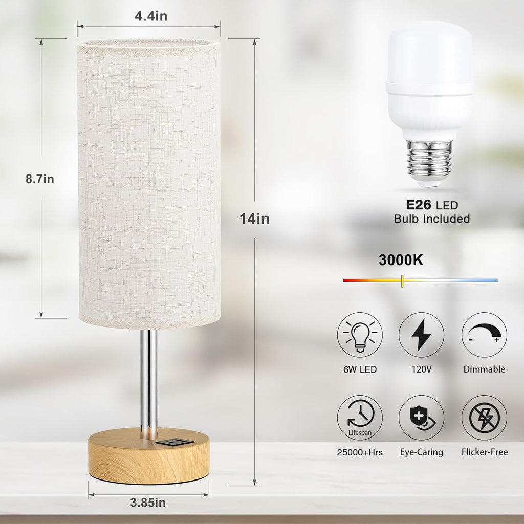 Dicoool Touch Bedside Table Lamp with USB - 3 Way Dimmable Wood Lamp for Bedroom Nightstand, Desk Lamp with Charging Station for Dorm…