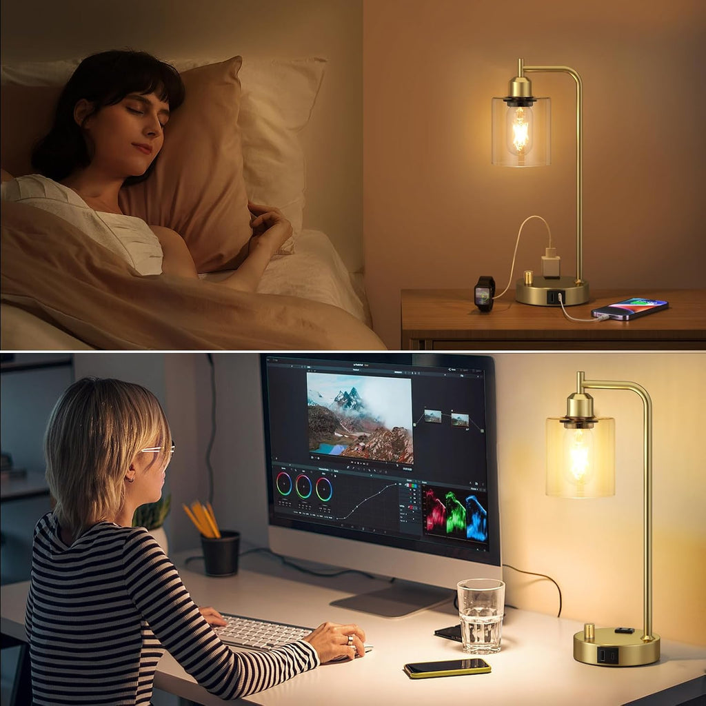 Innqoo Industrial Table Lamp for Bedroom Set of 2 - Fully Dimmable Bedside Lamps with USB Ports and Outlet, Gold Nightstand Lamps with…