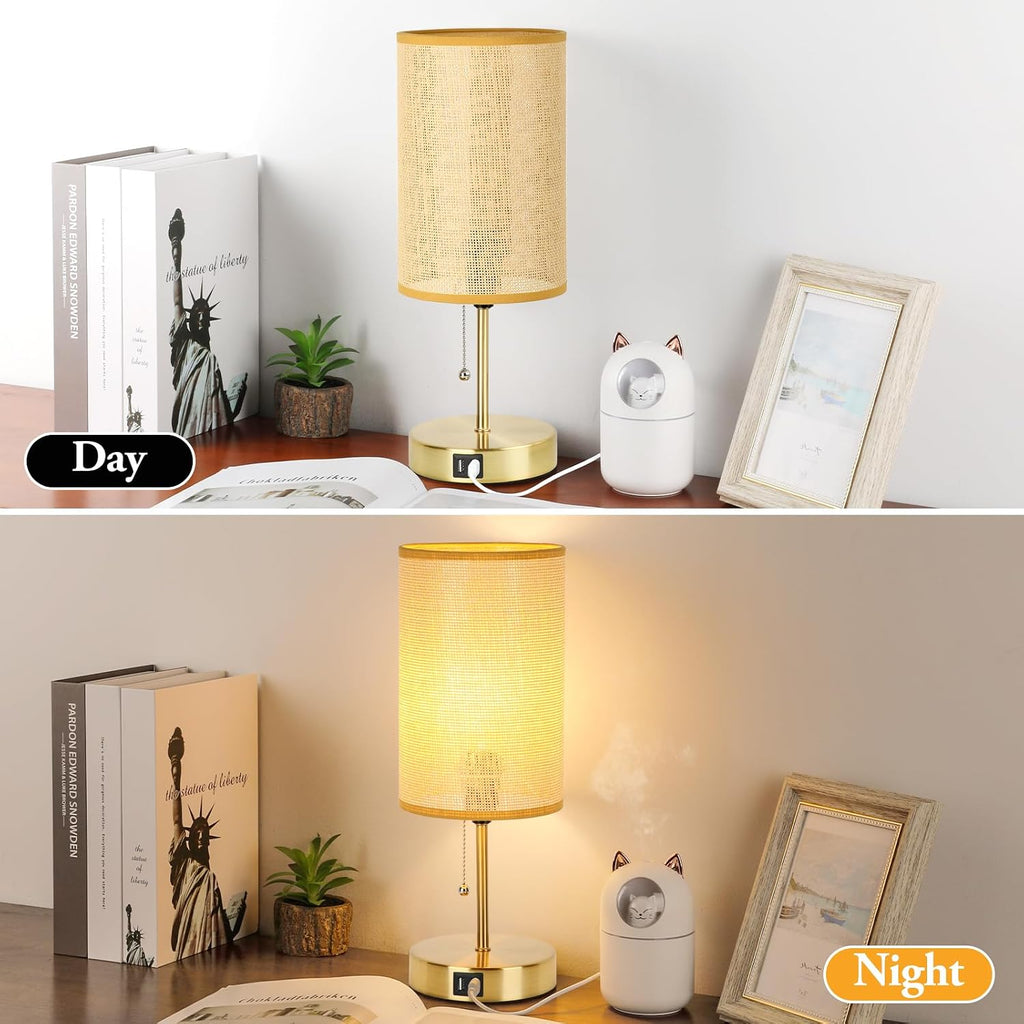 Set of 2 Table Lamp with 2 USB, Vintage Bedside Lamps for Bedrooms, Nightstand Lamps with Pull Chain, Bamboo Woven Desk Lamps with Rattan…