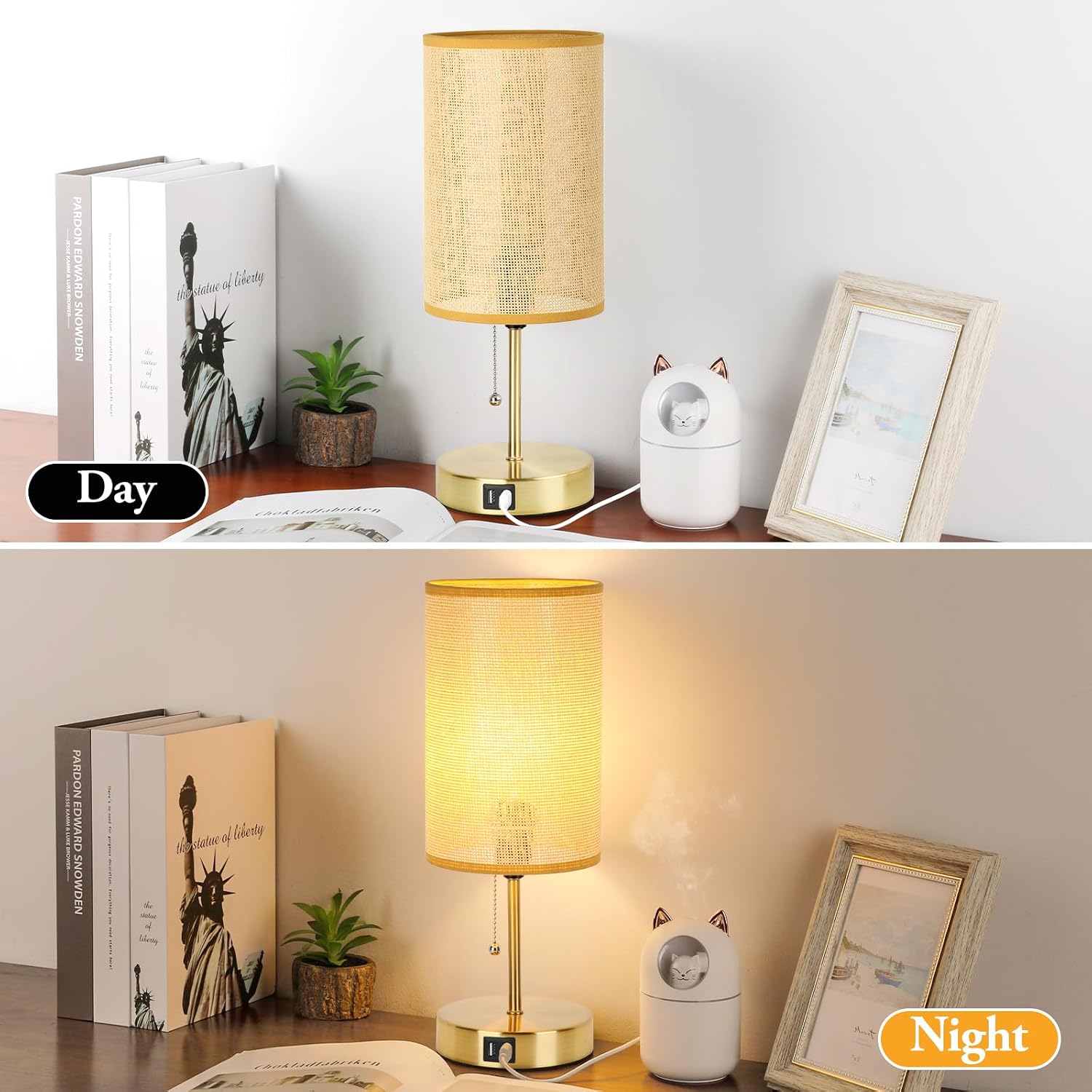 Set of 2 Table Lamp with 2 USB, Vintage Bedside Lamps for Bedrooms, Nightstand Lamps with Pull Chain, Bamboo Woven Desk Lamps with Rattan…