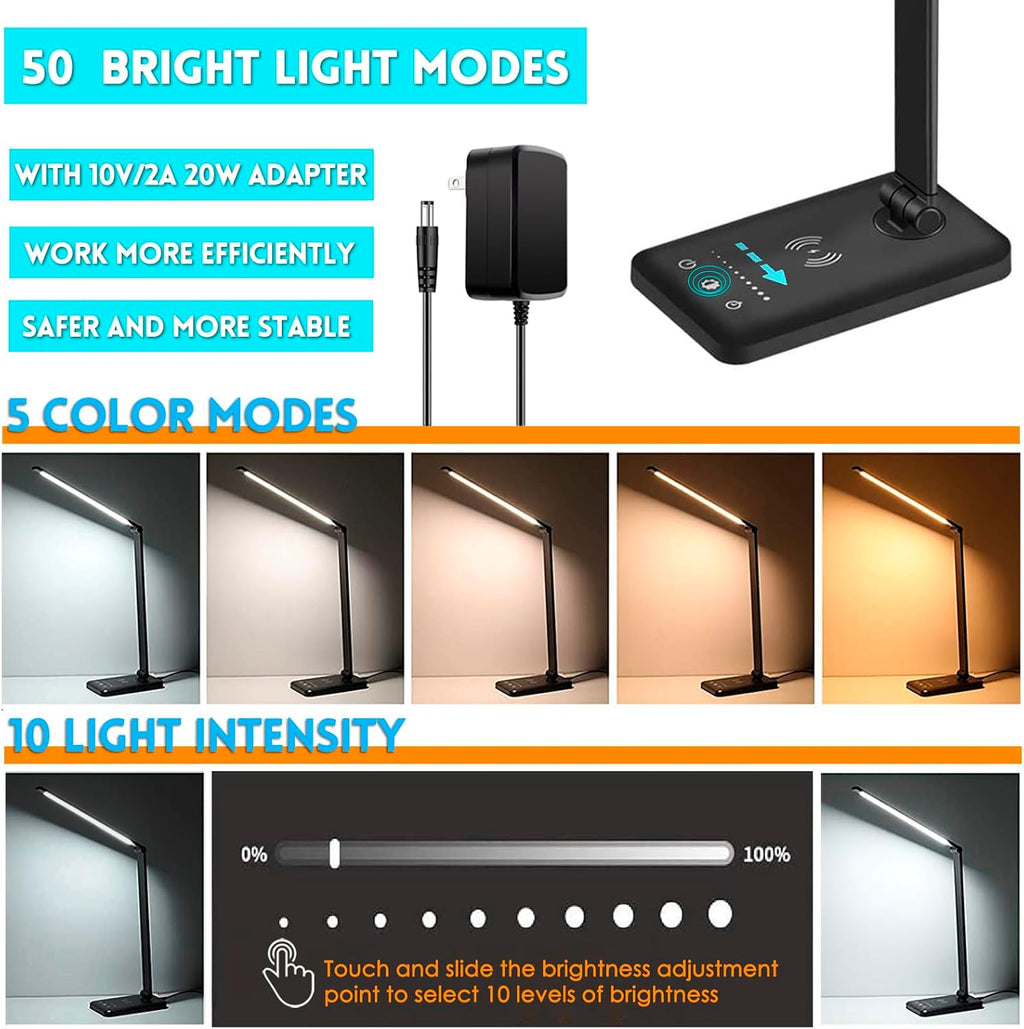 Jostic LED Desk Lamp with Wireless Charger, USB Charging Port, 10 Brightness, 5 Color Modes, Desk Lamps for Home Office, Dimmable Table Lam…