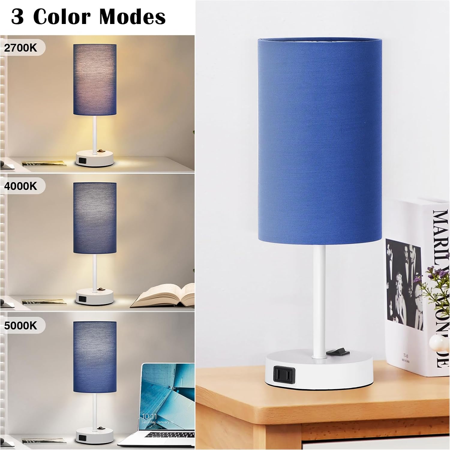 ZJOJO Table Lamp for Bedroom Set of 2, Bedside Small Lamps with 3 Way Dimmable Rocker Switch and AC Outlet, Nightstand Desk Lamp with…