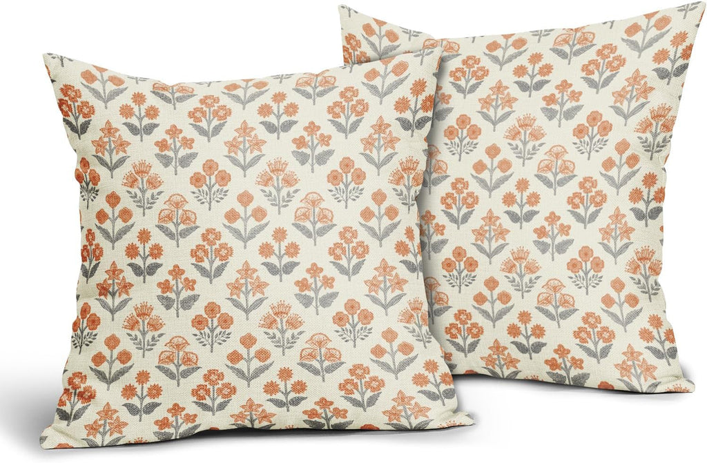Orange Grey Gray Floral Block Print Pillow Covers 20x20 Inch Set of 2, Vintage Flower Pattern Decorative Throw Pillowcases Outdoor…