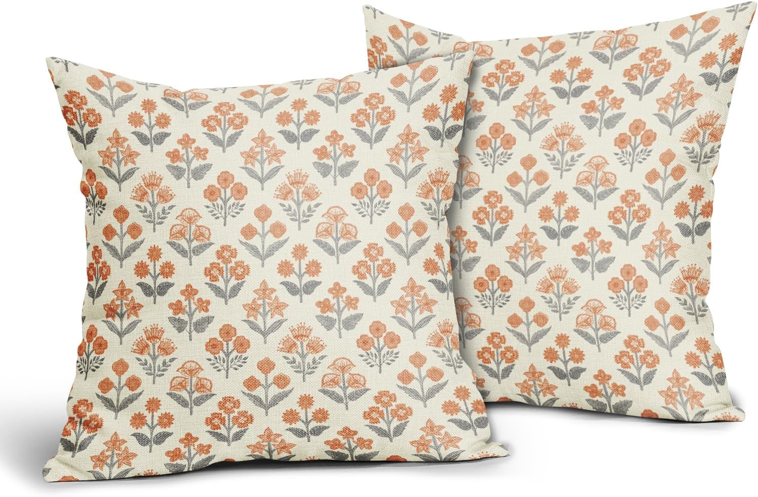 Orange Grey Gray Floral Block Print Pillow Covers 20x20 Inch Set of 2, Vintage Flower Pattern Decorative Throw Pillowcases Outdoor…