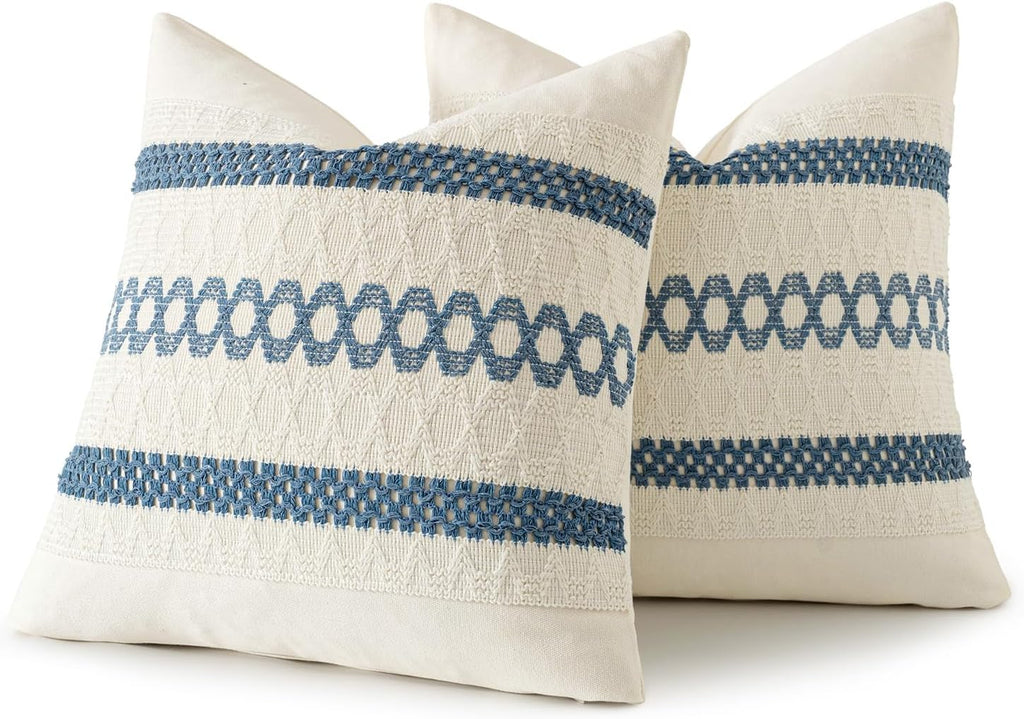 MIULEE Set of 2 Coastal Blue Boho Decorative Pillow Covers 18x18 Inch Farmhouse Rustic Couch Throw Pillows Modern Summer Cotton Cushion…